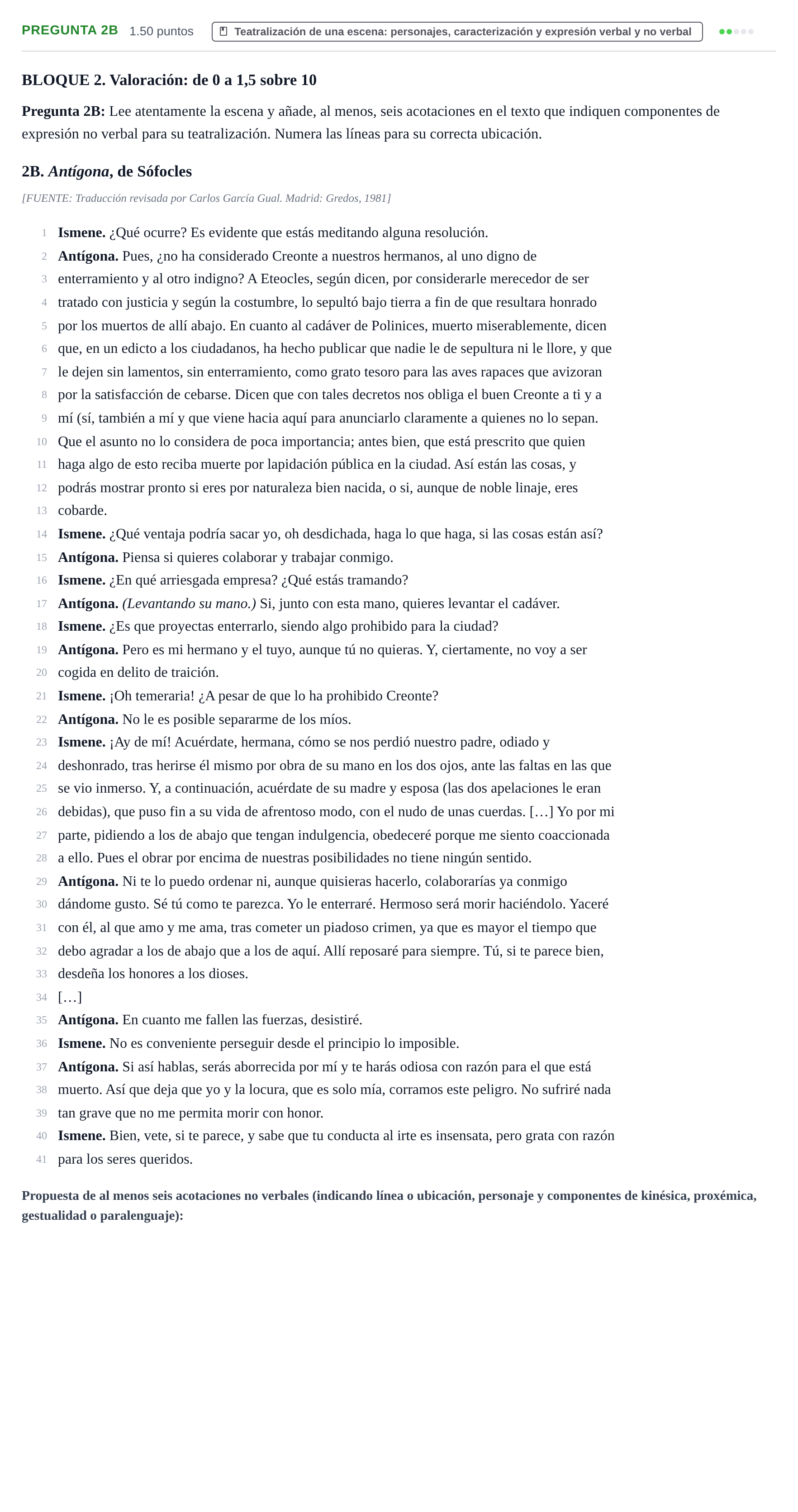 Enunciado: Pregunta 2B · Artes Escénicas PAU Castilla y León Extraordinaria 2023