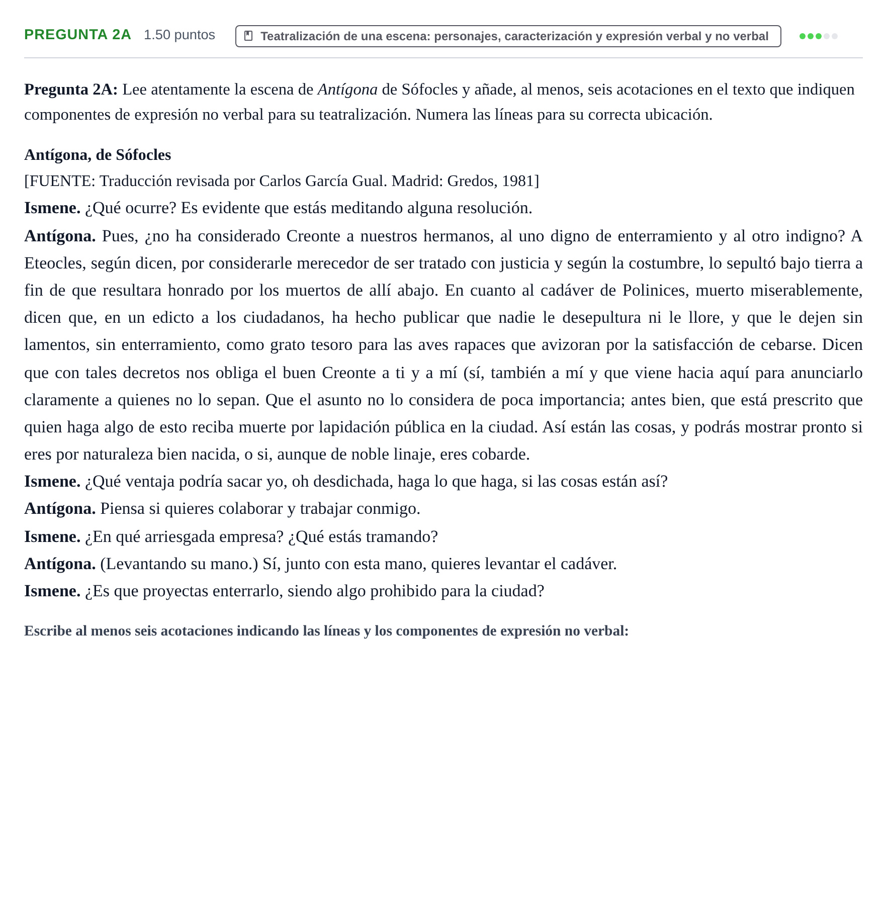 Enunciado: Pregunta 2A · Artes Escénicas PAU Castilla y León Ordinaria 2023