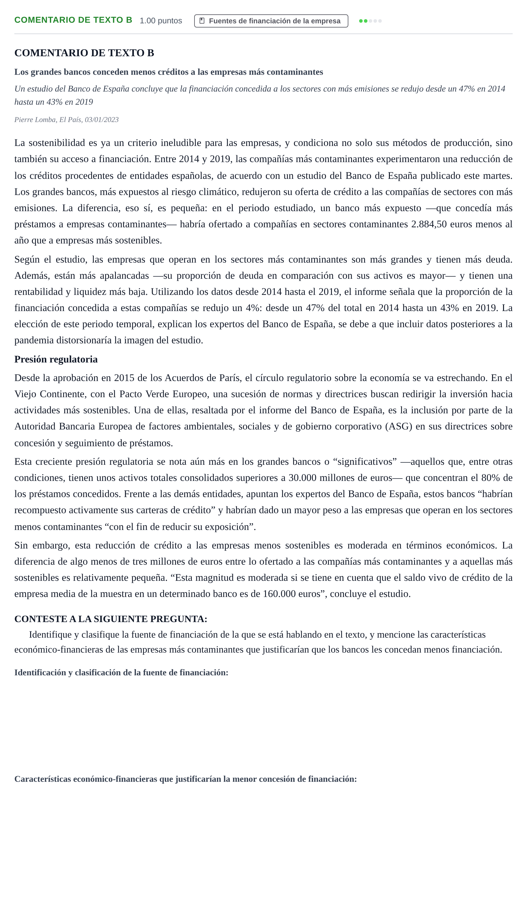 Enunciado: Ejercicio Comentario de Texto B · Empresa y Diseño de Modelos de Negocio PAU Castilla y León Ordinaria 2023