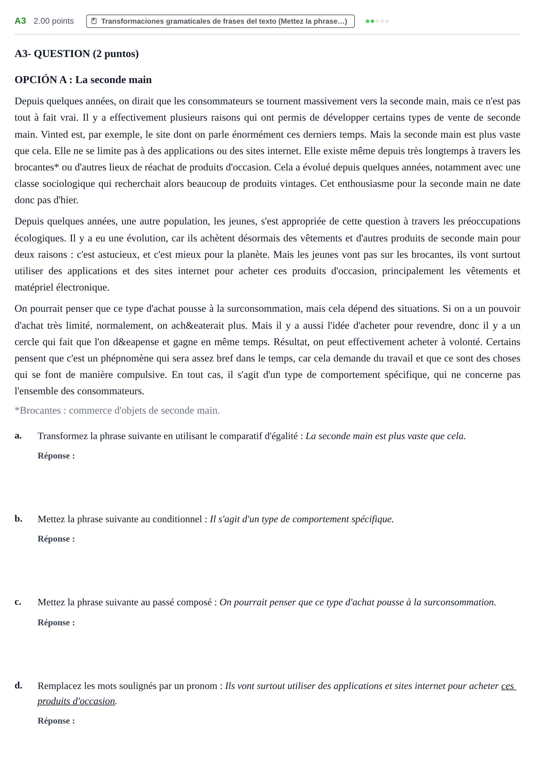 Enunciado: Ejercicio A3 · Francés PAU Castilla y León Extraordinaria 2023