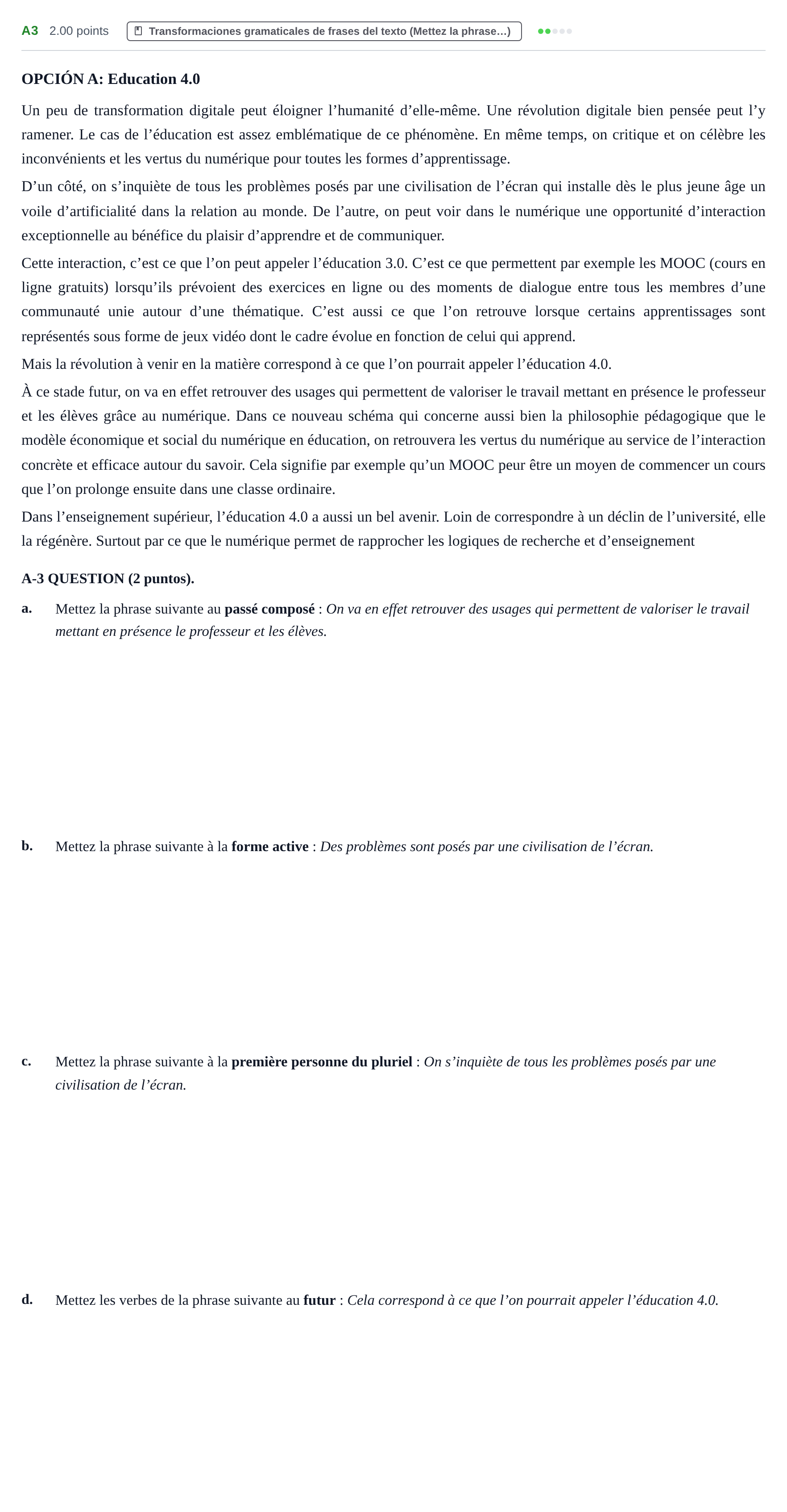 Enunciado: Ejercicio A3 · Francés PAU Castilla y León Ordinaria 2023