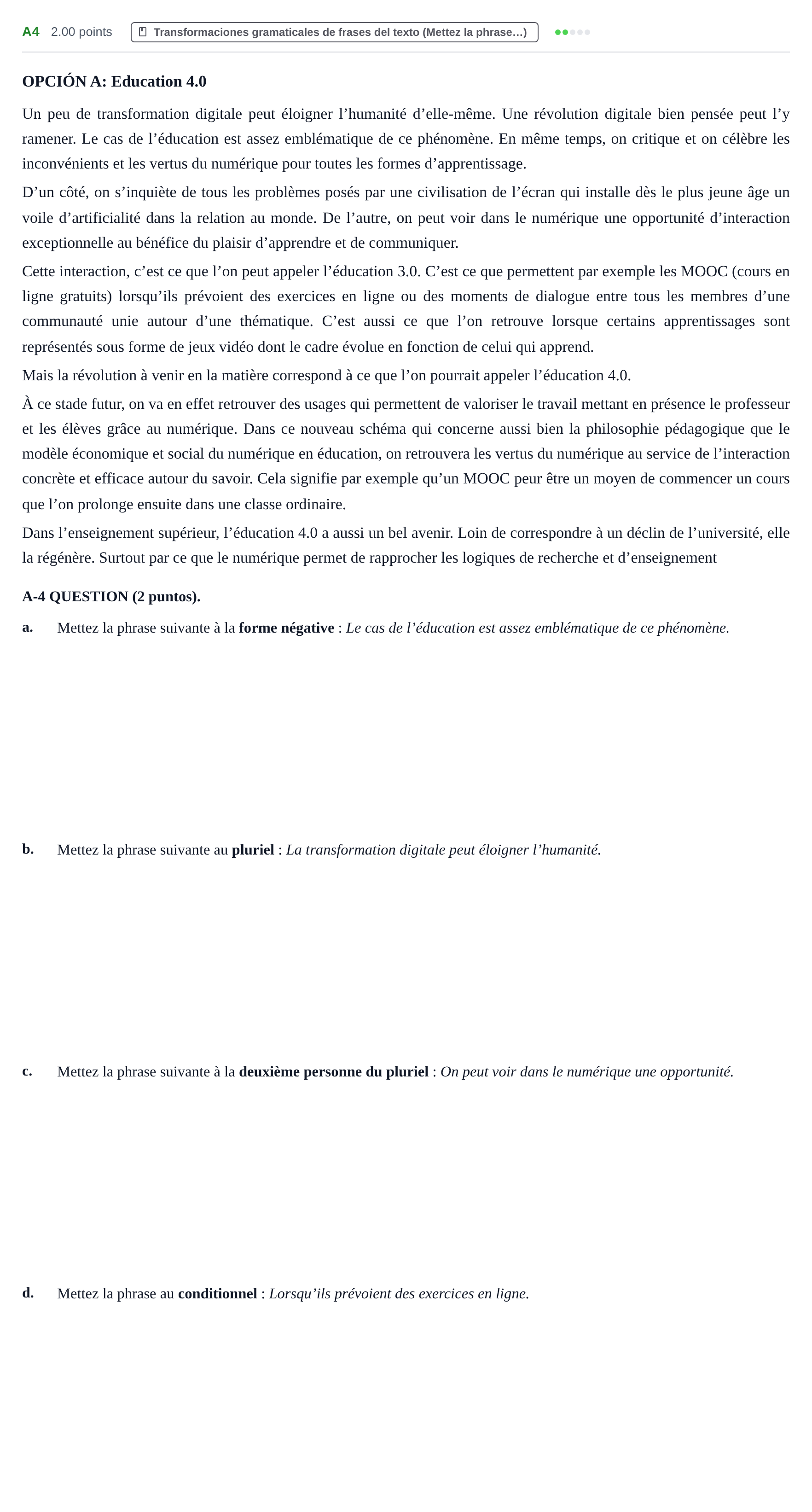Enunciado: Ejercicio A4 · Francés PAU Castilla y León Ordinaria 2023