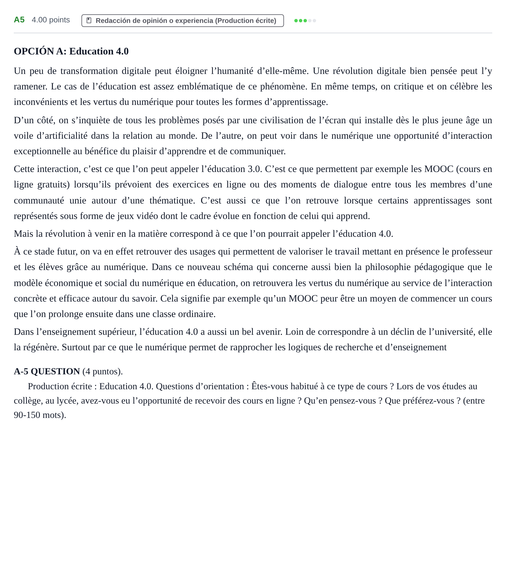 Enunciado: Ejercicio A5 · Francés PAU Castilla y León Ordinaria 2023