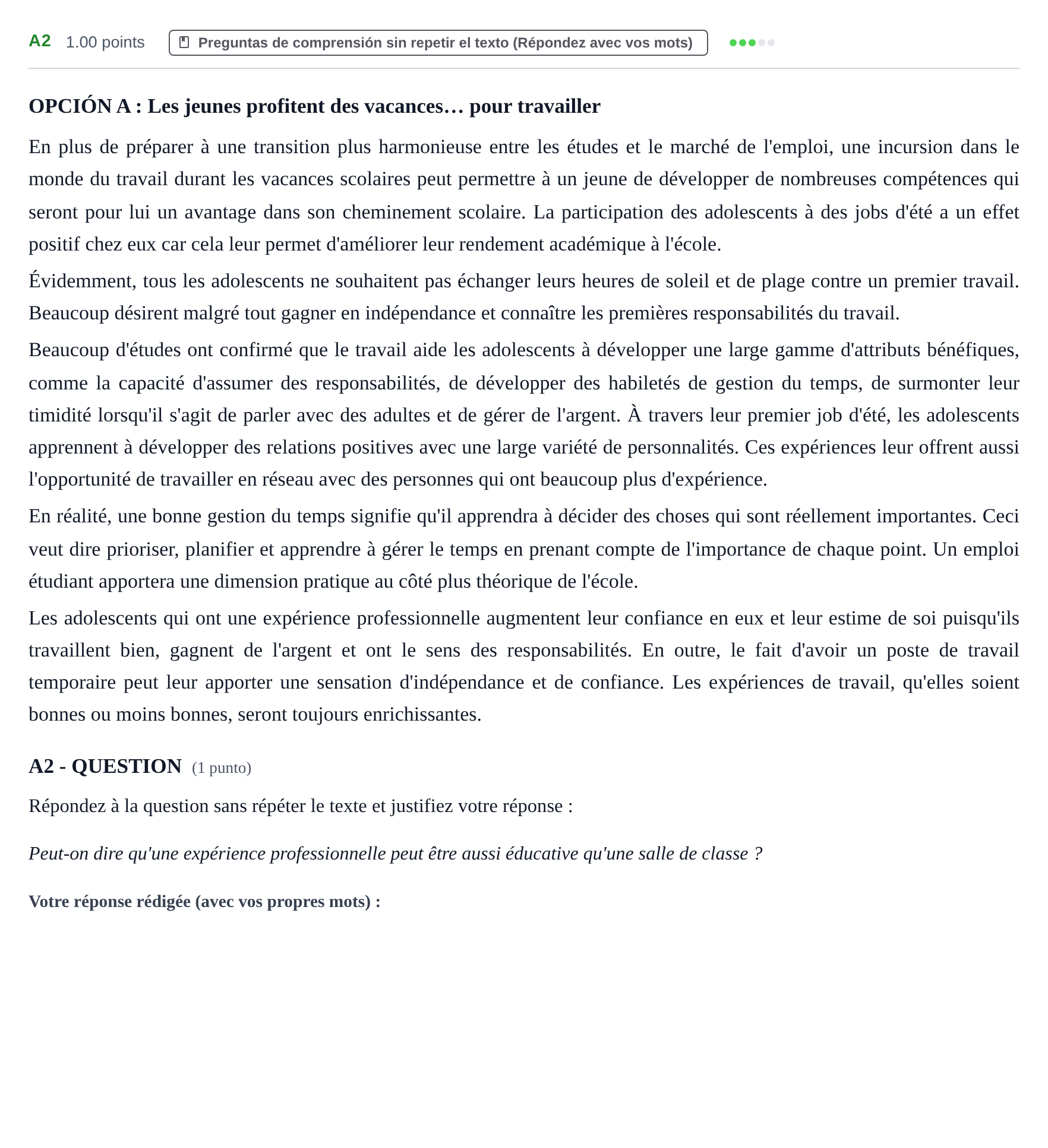 Enunciado: Ejercicio A2 · Francés PAU Castilla y León Ordinaria (Fase Mejora de Nota) 2023