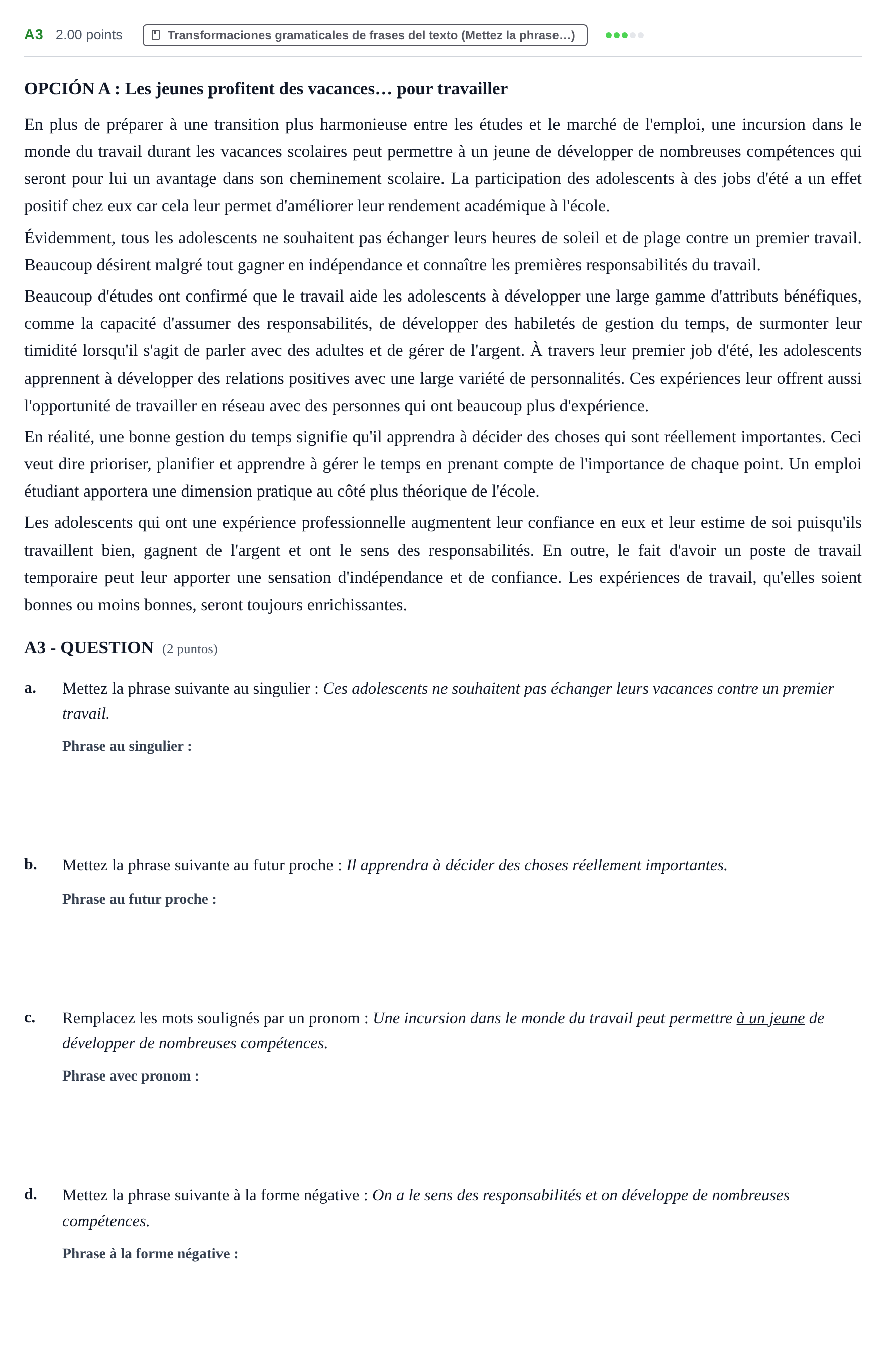Enunciado: Ejercicio A3 · Francés PAU Castilla y León Ordinaria (Fase Mejora de Nota) 2023
