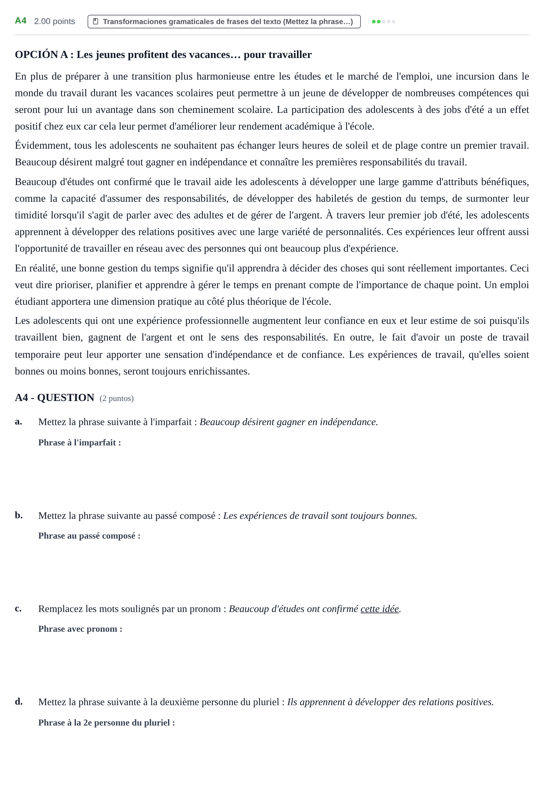 Enunciado: Ejercicio A4 · Francés PAU Castilla y León Ordinaria (Fase Mejora de Nota) 2023