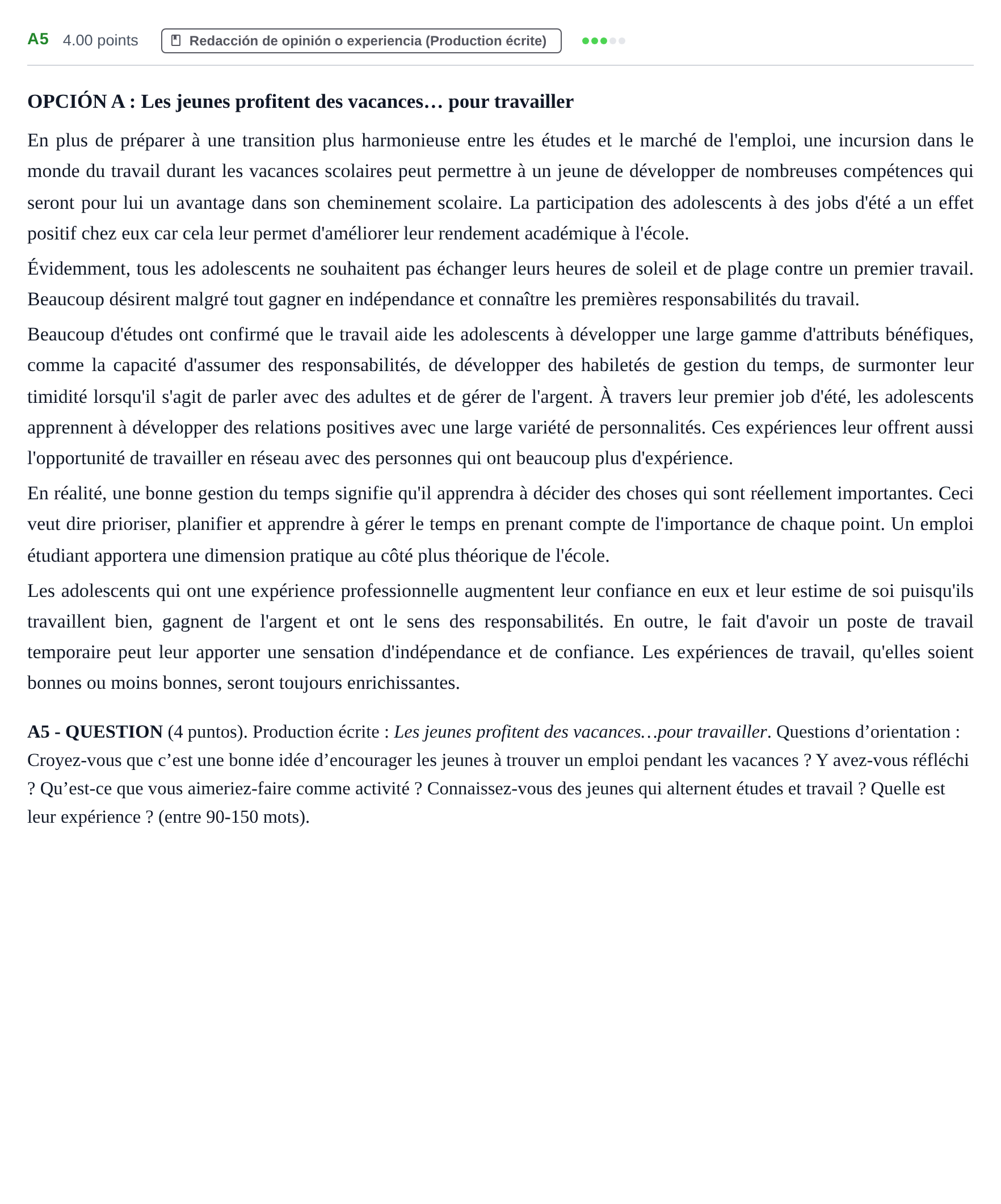 Enunciado: Ejercicio A5 · Francés PAU Castilla y León Ordinaria (Fase Mejora de Nota) 2023