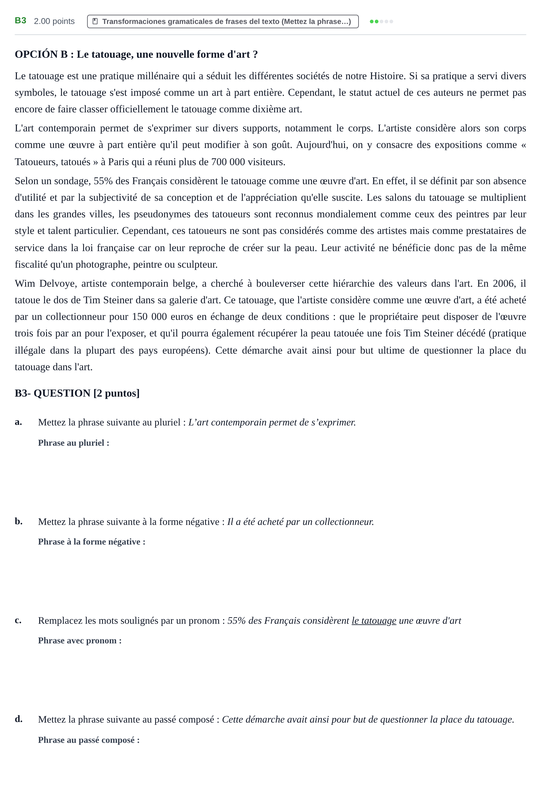 Enunciado: Ejercicio B3 · Francés PAU Castilla y León Ordinaria (Fase Mejora de Nota) 2023