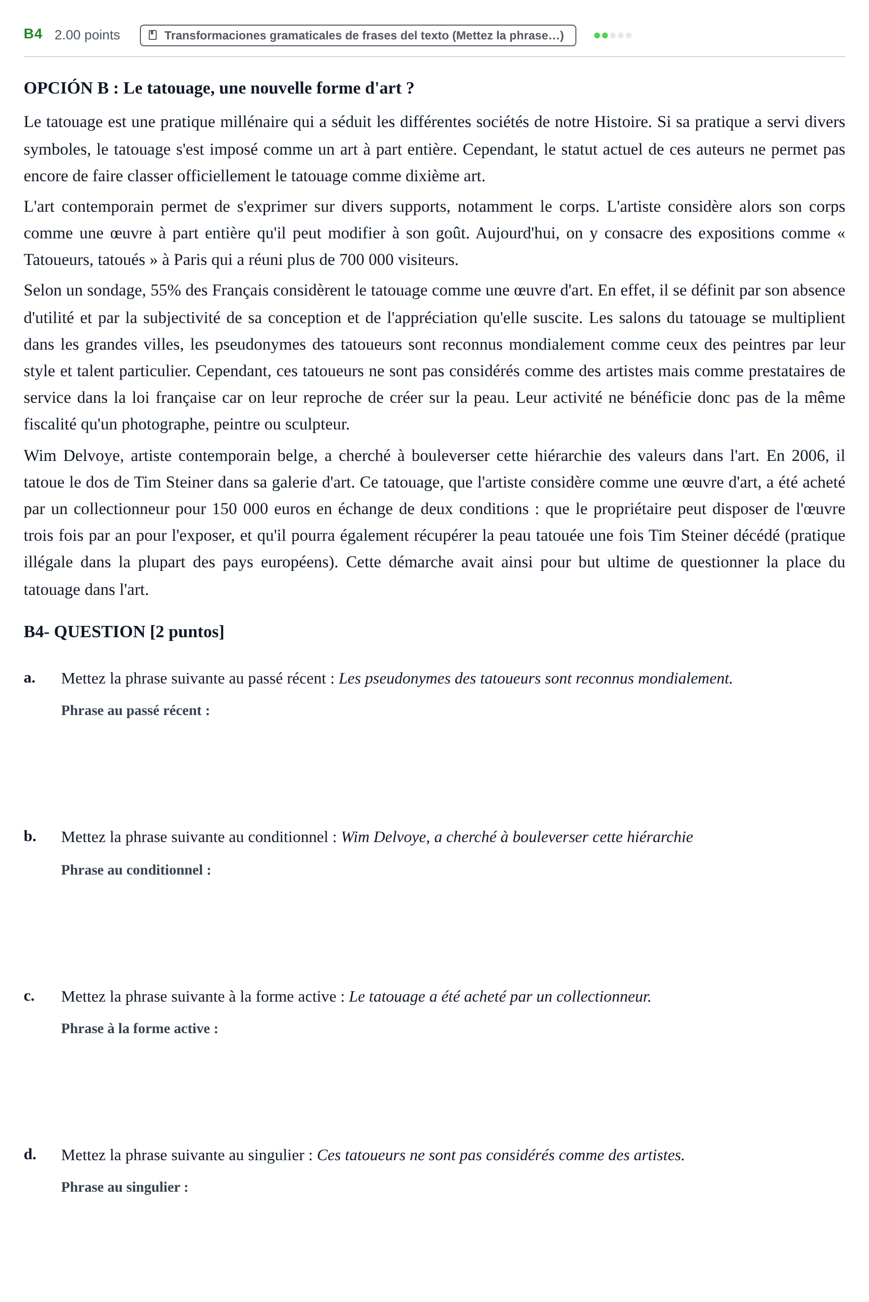 Enunciado: Ejercicio B4 · Francés PAU Castilla y León Ordinaria (Fase Mejora de Nota) 2023