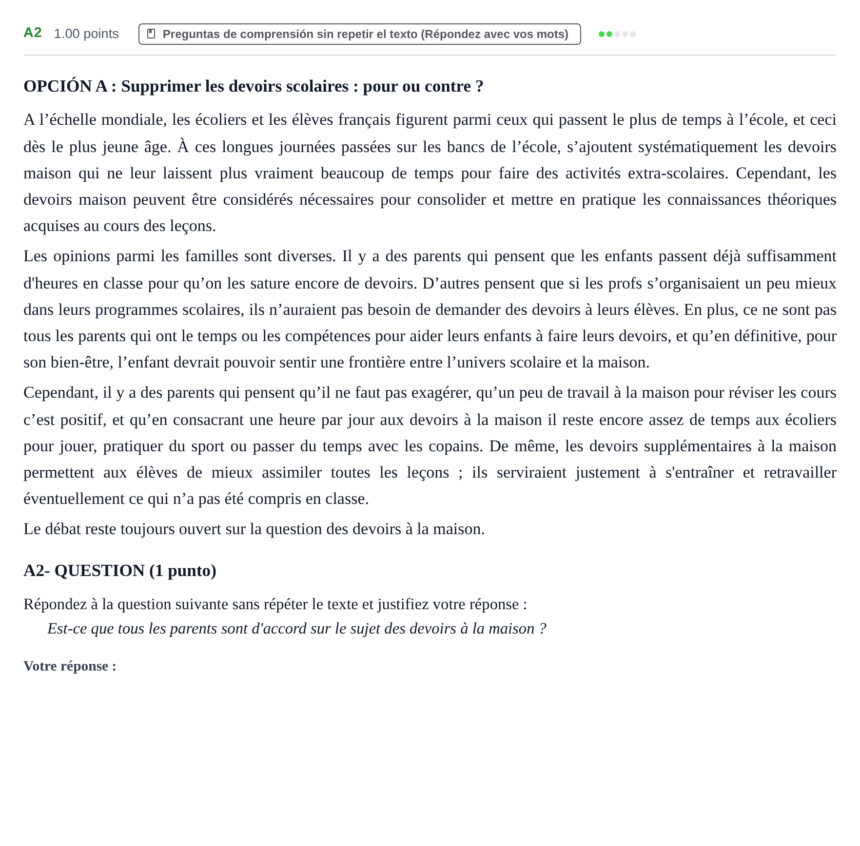 Enunciado: Ejercicio A2 · Francés PAU Castilla y León Extraordinaria (Fase Mejora de Nota) 2023