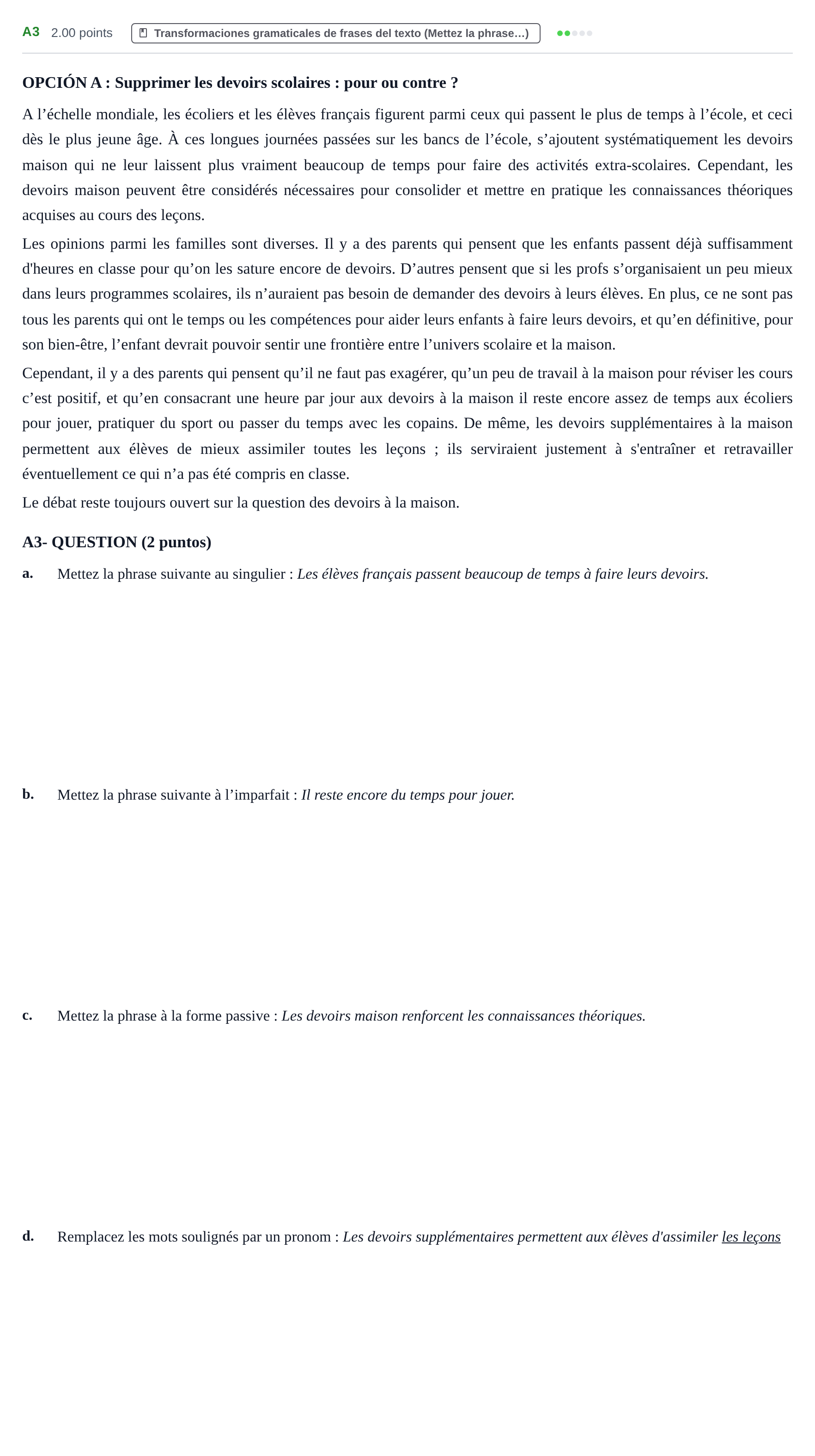 Enunciado: Ejercicio A3 · Francés PAU Castilla y León Extraordinaria (Fase Mejora de Nota) 2023