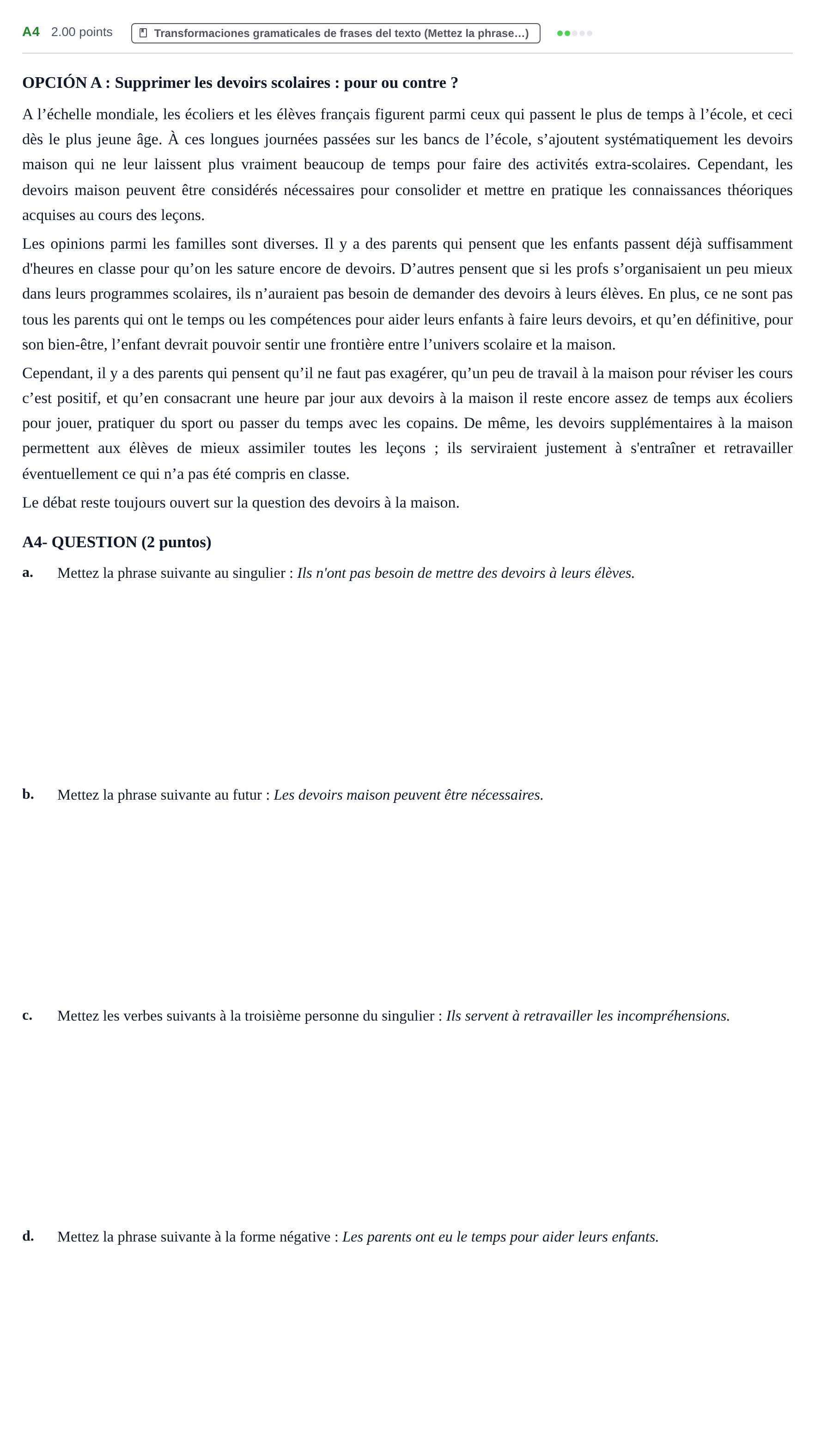 Enunciado: Ejercicio A4 · Francés PAU Castilla y León Extraordinaria (Fase Mejora de Nota) 2023