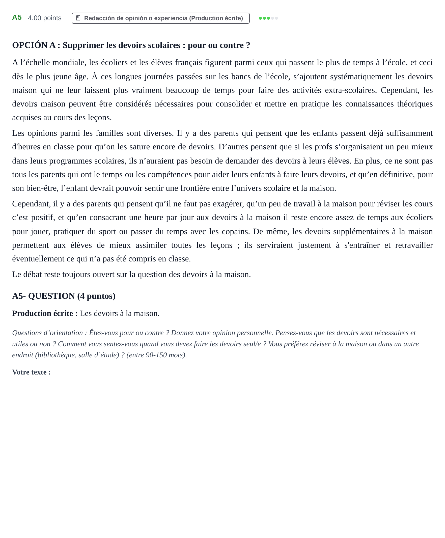Enunciado: Ejercicio A5 · Francés PAU Castilla y León Extraordinaria (Fase Mejora de Nota) 2023