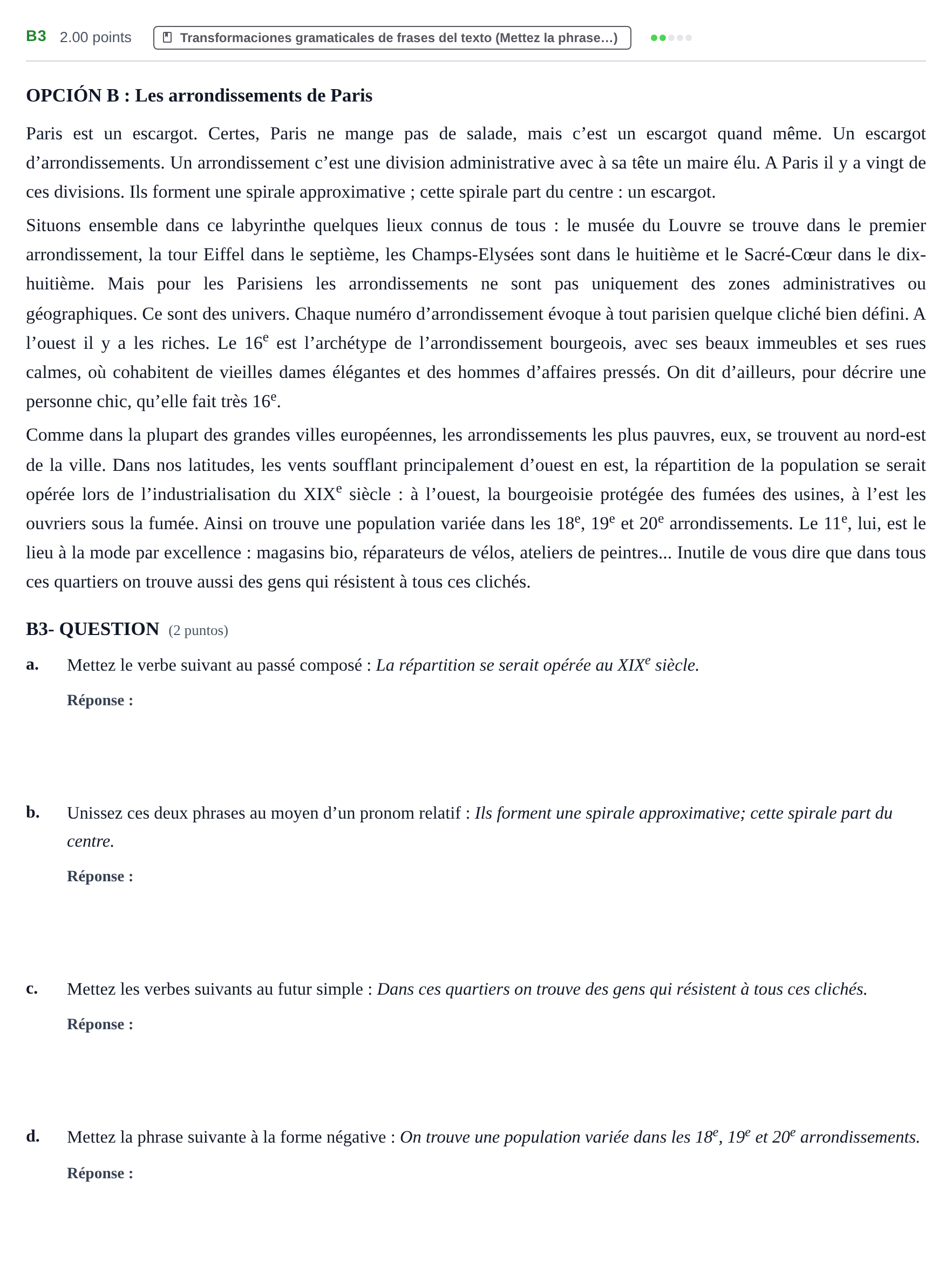 Enunciado: Ejercicio B3 · Francés PAU Castilla y León Extraordinaria (Fase Mejora de Nota) 2023