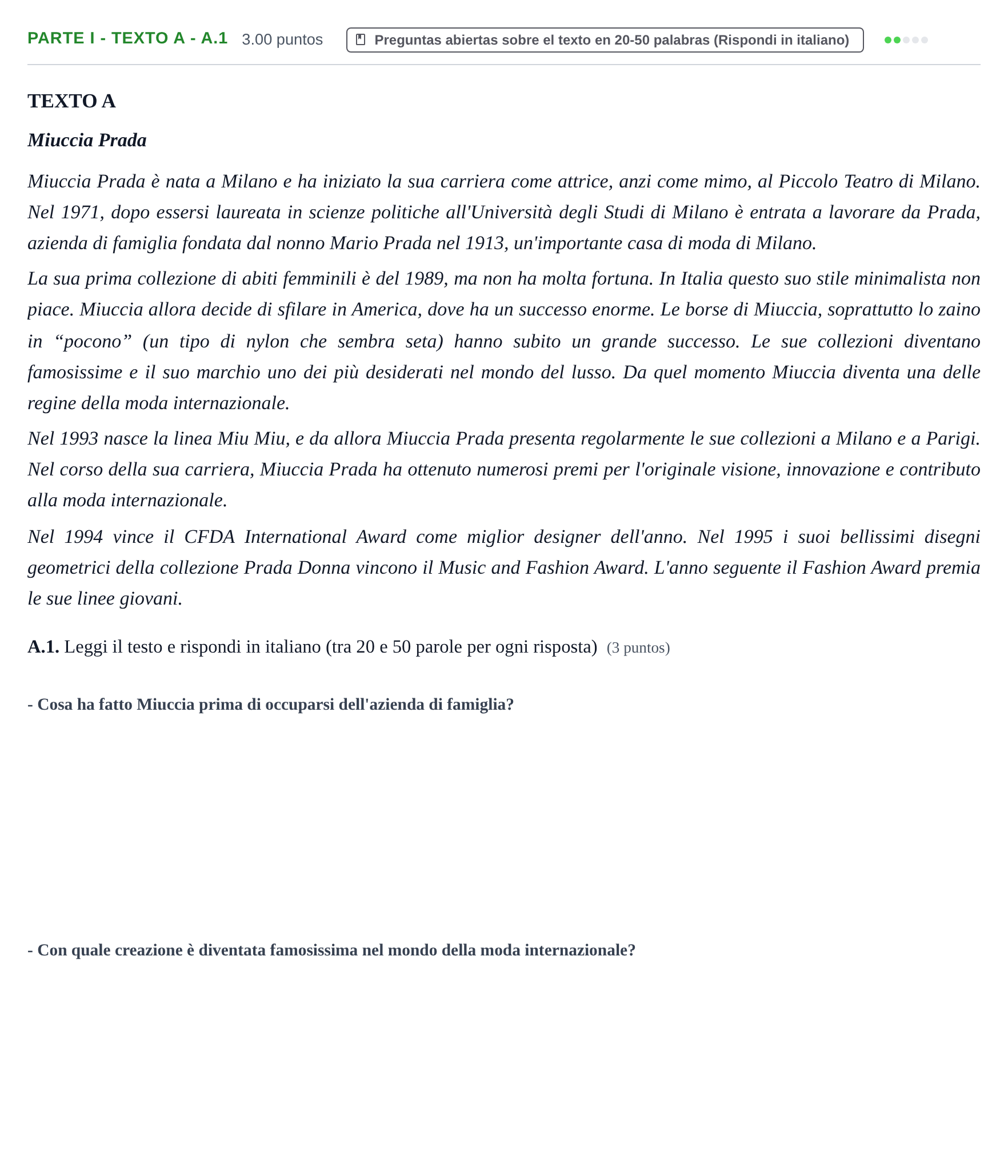Enunciado: Ejercicio Parte I - Texto A - A.1 · Italiano PAU Castilla y León Extraordinaria 2023