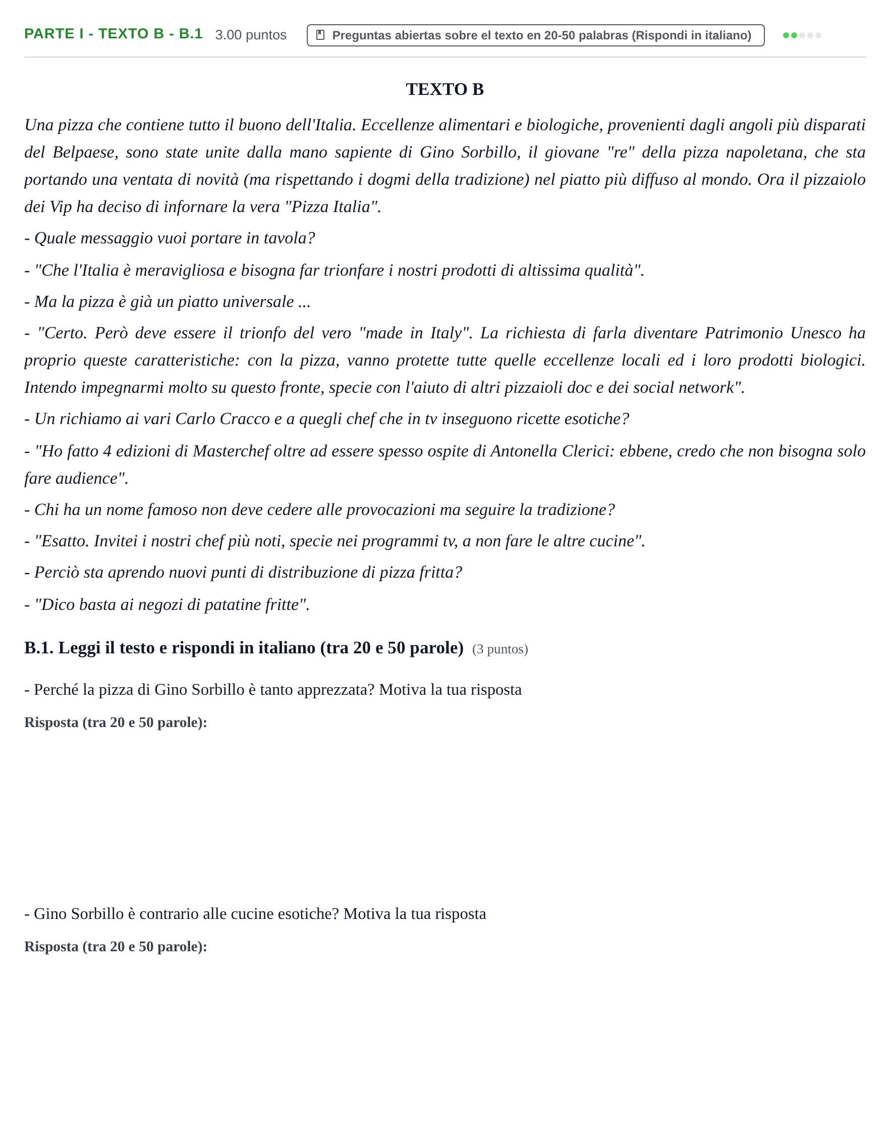 Enunciado: Ejercicio Parte I - Texto B - B.1 · Italiano PAU Castilla y León Extraordinaria 2023