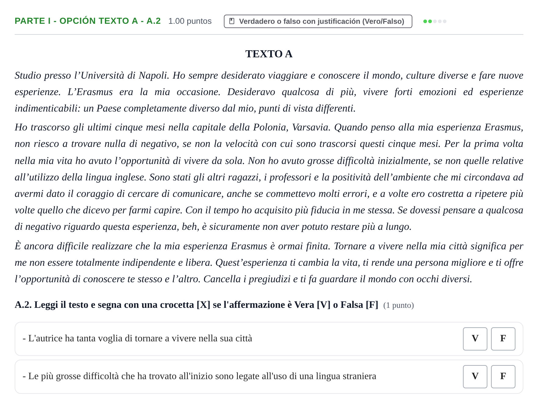 Enunciado: Ejercicio Parte I - Opción Texto A - A.2 · Italiano PAU Castilla y León Extraordinaria (Fase Mejora de Nota) 2023