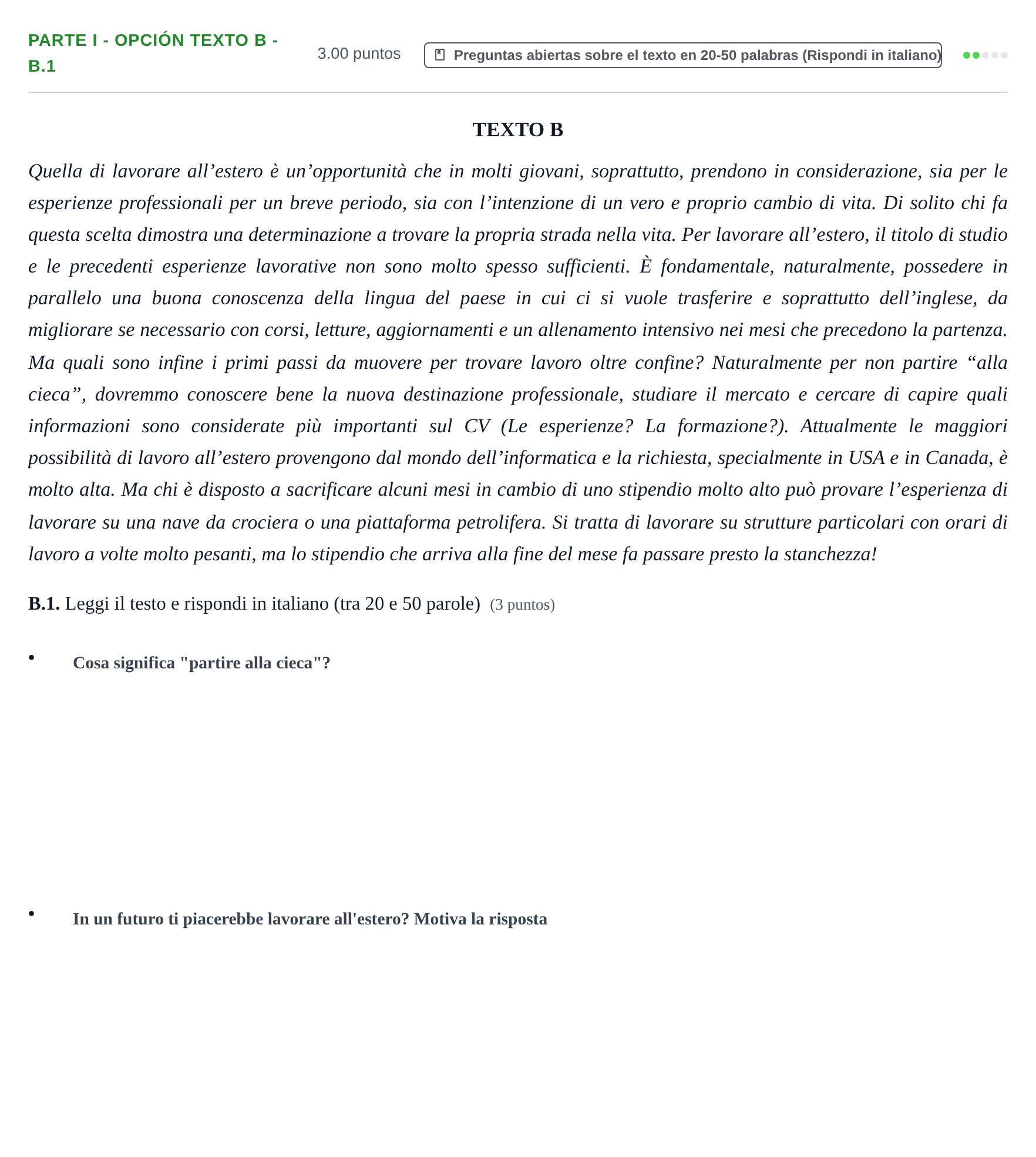 Enunciado: Ejercicio Parte I - Opción Texto B - B.1 · Italiano PAU Castilla y León Extraordinaria (Fase Mejora de Nota) 2023