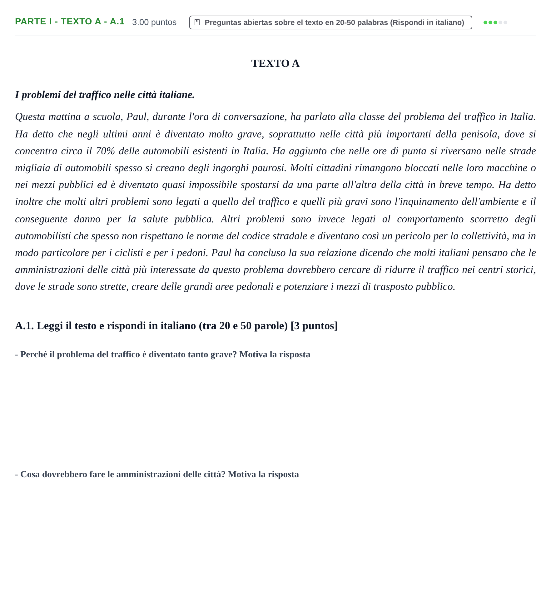 Enunciado: Ejercicio Parte I - Texto A - A.1 · Italiano PAU Castilla y León Ordinaria (Fase Mejora de Nota) 2023