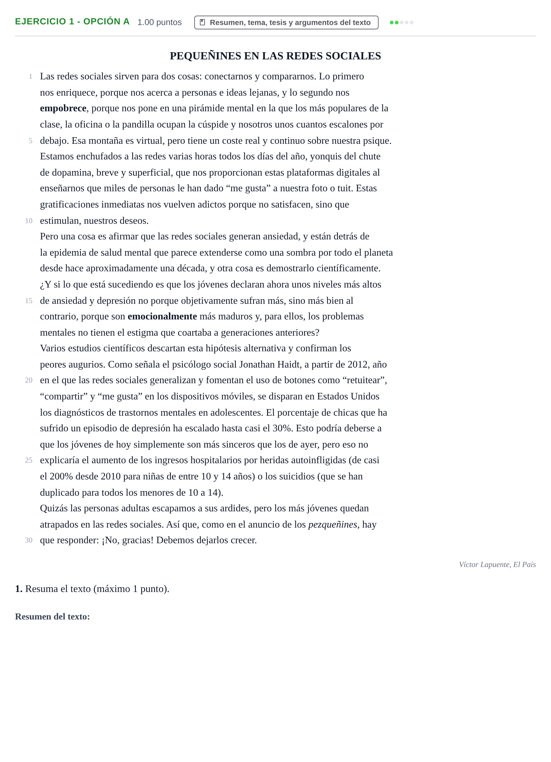 Enunciado: Ejercicio 1 - Opción A · Lengua Castellana y Literatura II PAU Castilla y León Extraordinaria 2023