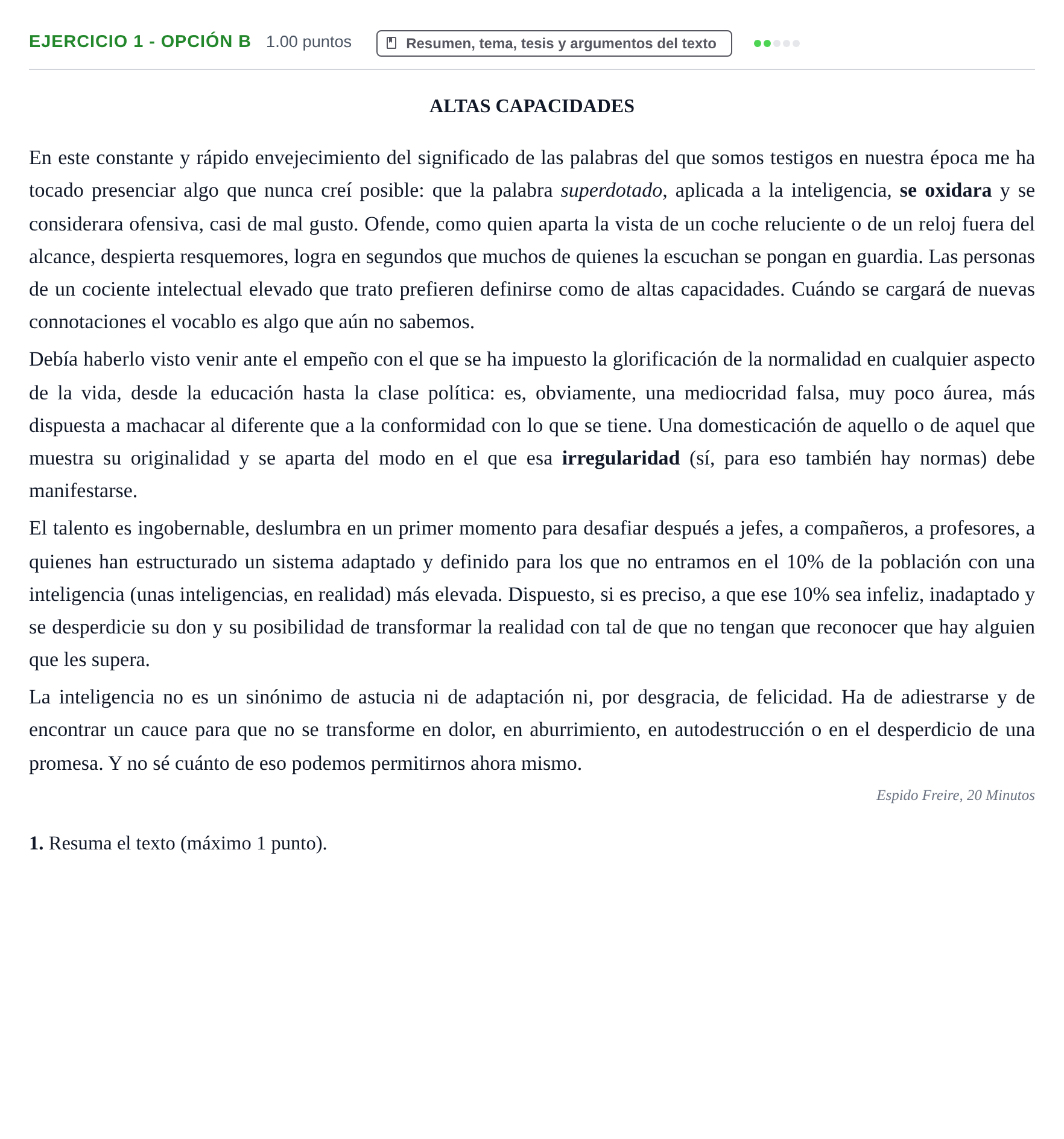 Enunciado: Ejercicio 1 - Opción B · Lengua Castellana y Literatura II PAU Castilla y León Extraordinaria 2023