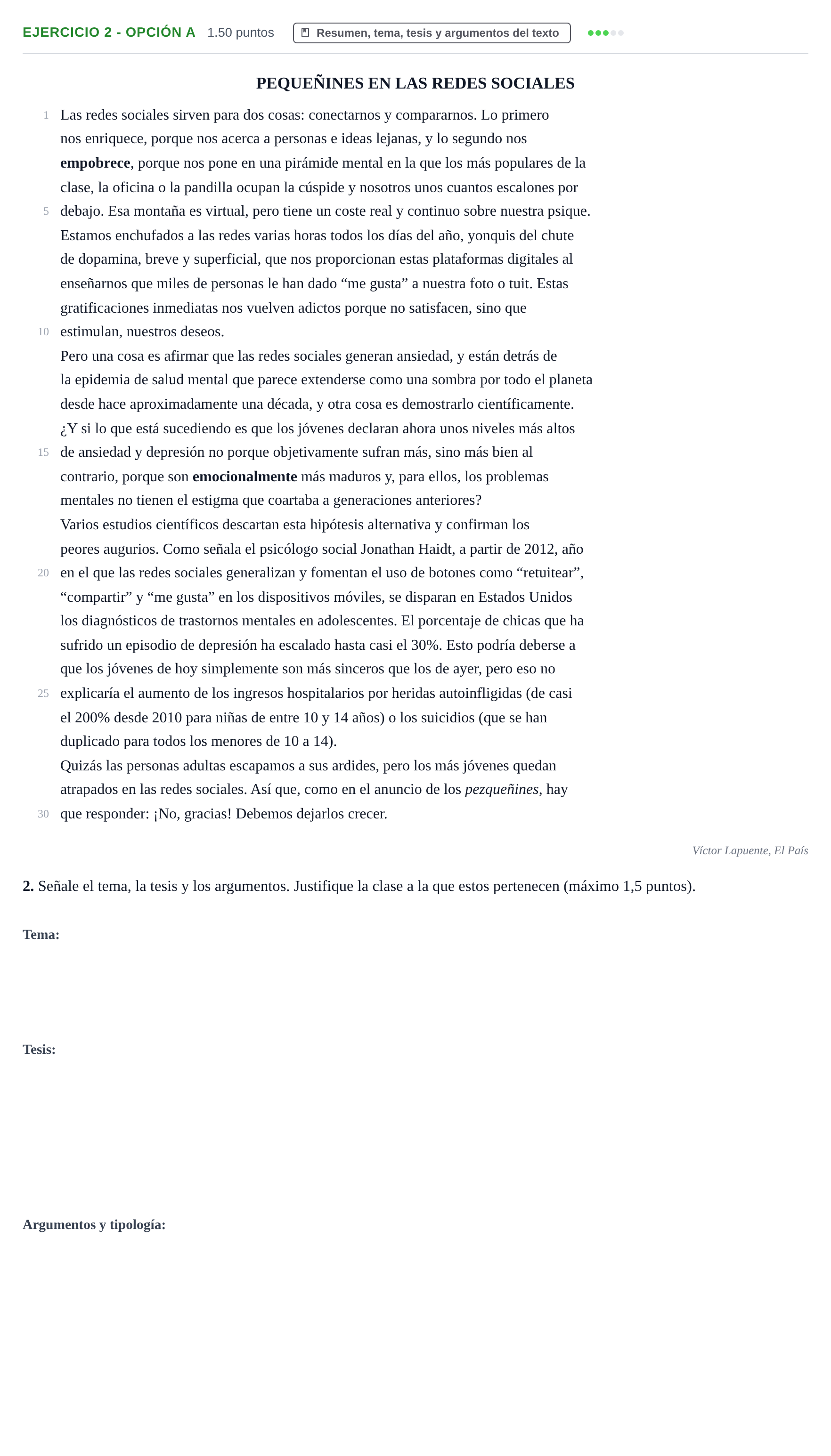 Enunciado: Ejercicio 2 - Opción A · Lengua Castellana y Literatura II PAU Castilla y León Extraordinaria 2023