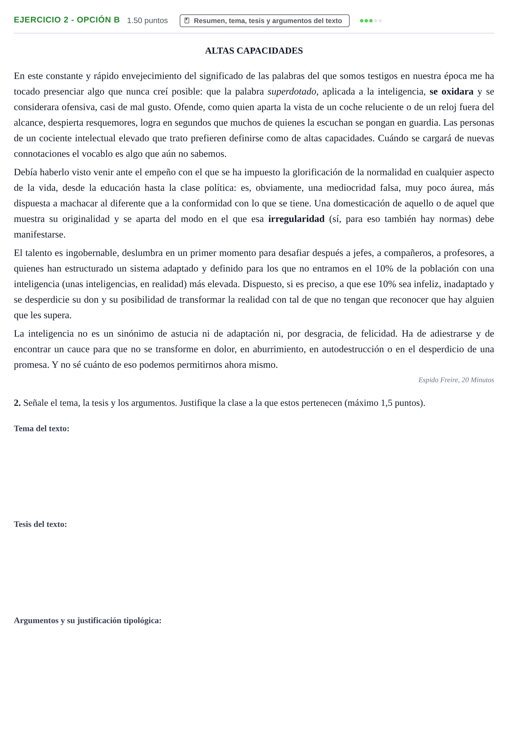 Enunciado: Ejercicio 2 - Opción B · Lengua Castellana y Literatura II PAU Castilla y León Extraordinaria 2023