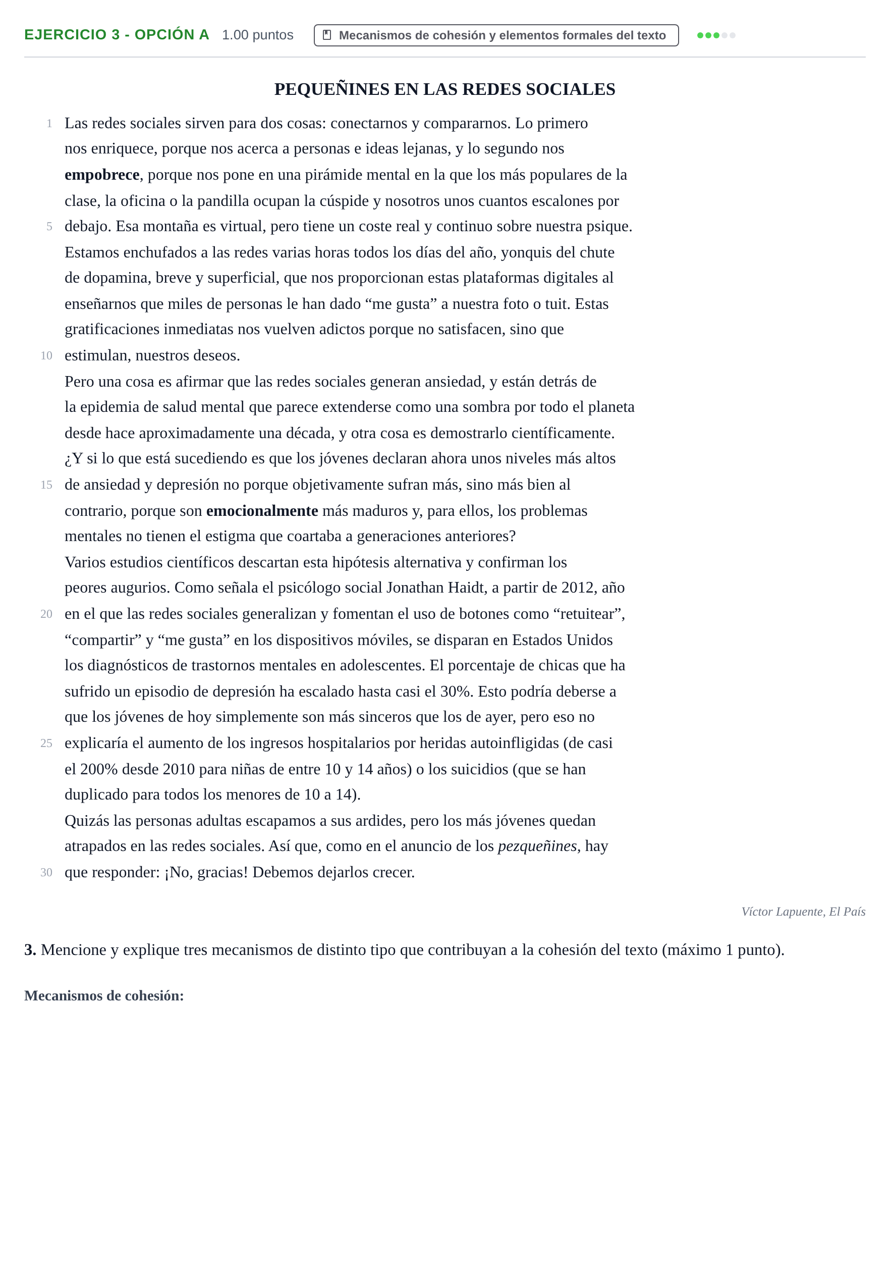 Enunciado: Ejercicio 3 - Opción A · Lengua Castellana y Literatura II PAU Castilla y León Extraordinaria 2023