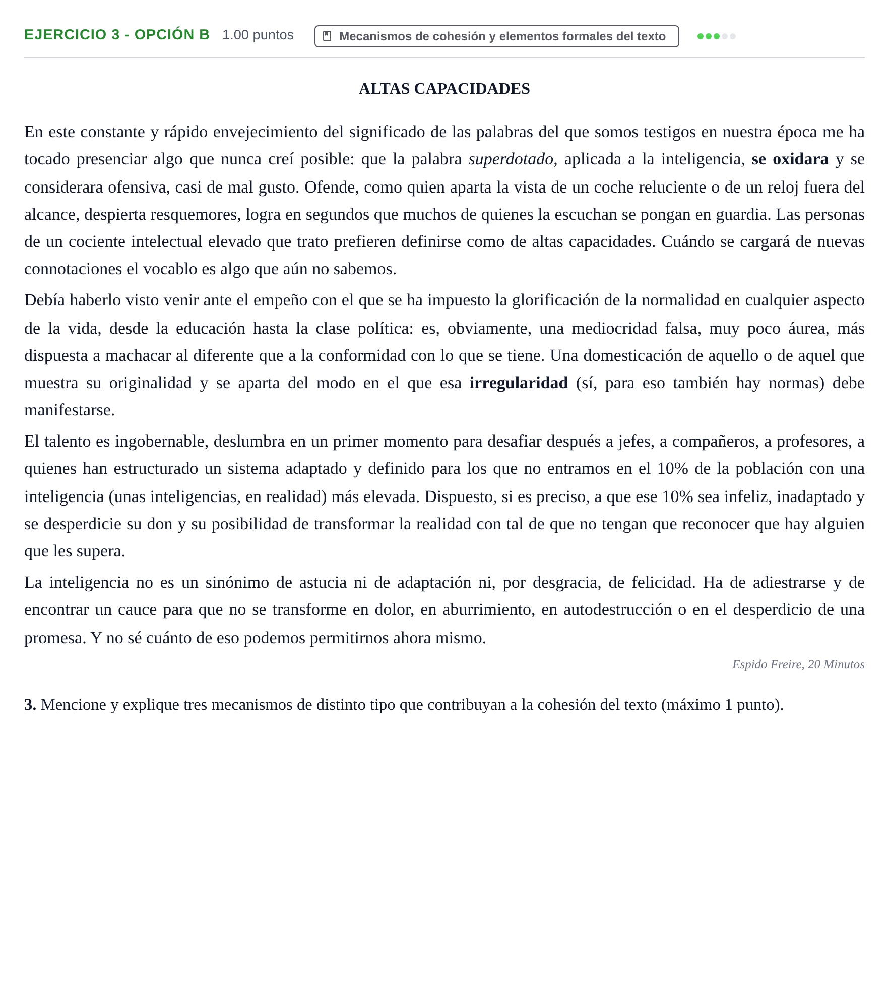 Enunciado: Ejercicio 3 - Opción B · Lengua Castellana y Literatura II PAU Castilla y León Extraordinaria 2023