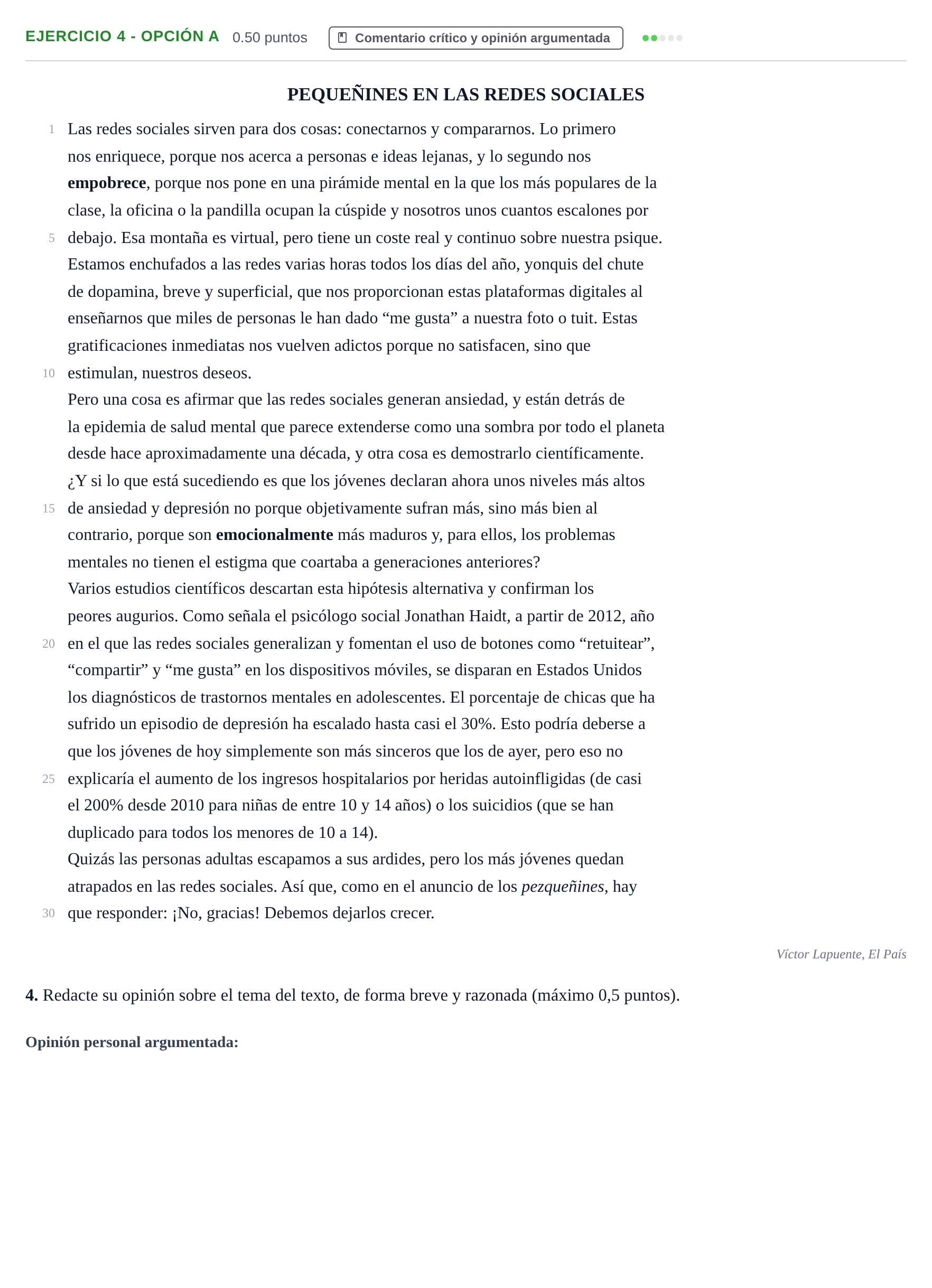 Enunciado: Ejercicio 4 - Opción A · Lengua Castellana y Literatura II PAU Castilla y León Extraordinaria 2023