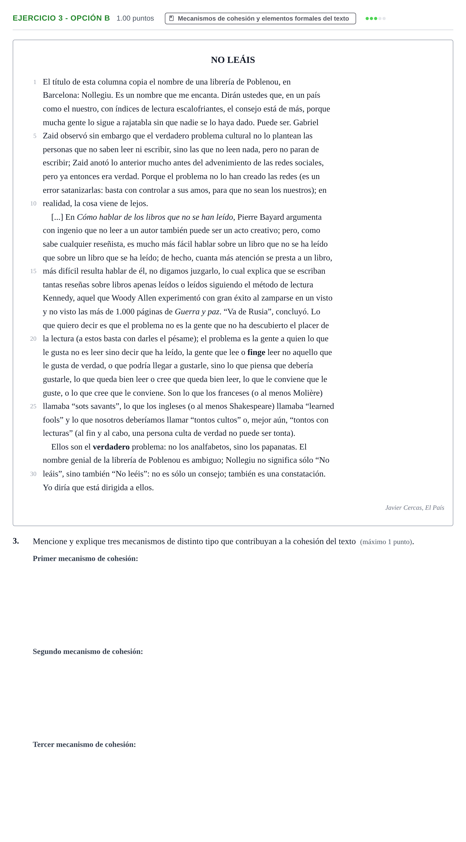 Enunciado: Ejercicio 3 - Opción B · Lengua Castellana y Literatura II PAU Castilla y León Ordinaria 2023