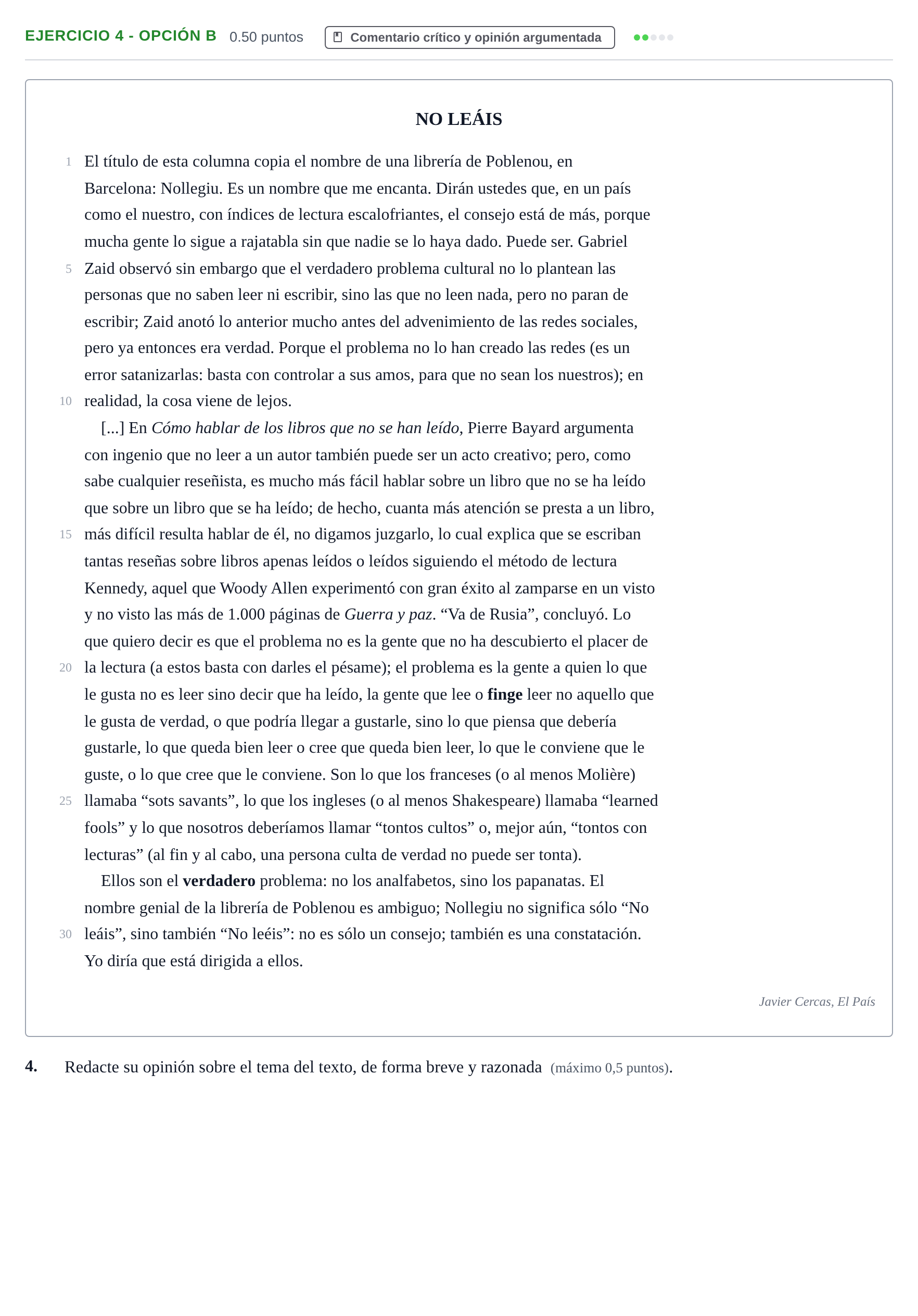 Enunciado: Ejercicio 4 - Opción B · Lengua Castellana y Literatura II PAU Castilla y León Ordinaria 2023
