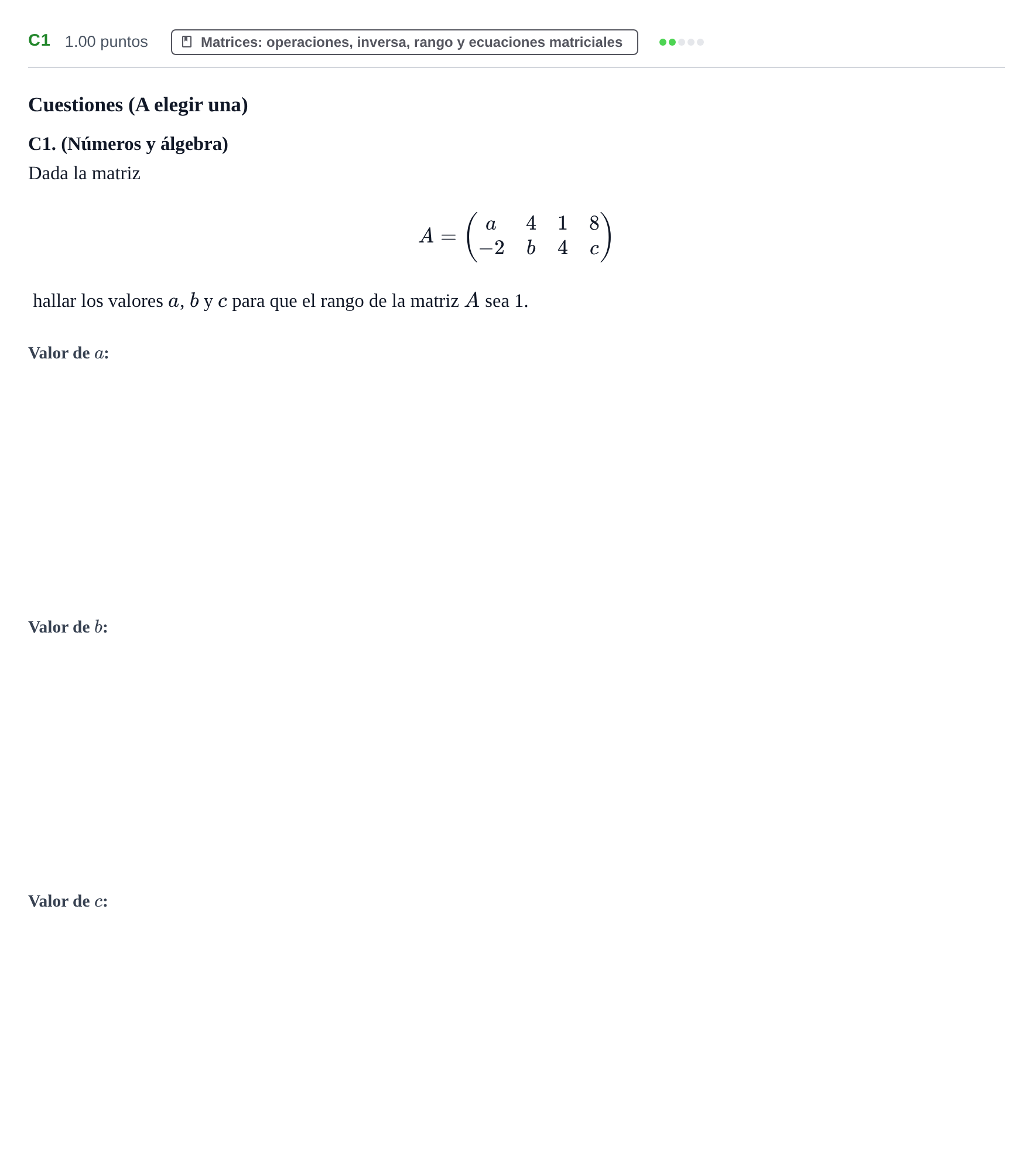 Enunciado: Ejercicio C1 · Matemáticas aplicadas a las Ciencias Sociales II PAU Castilla y León Extraordinaria 2023