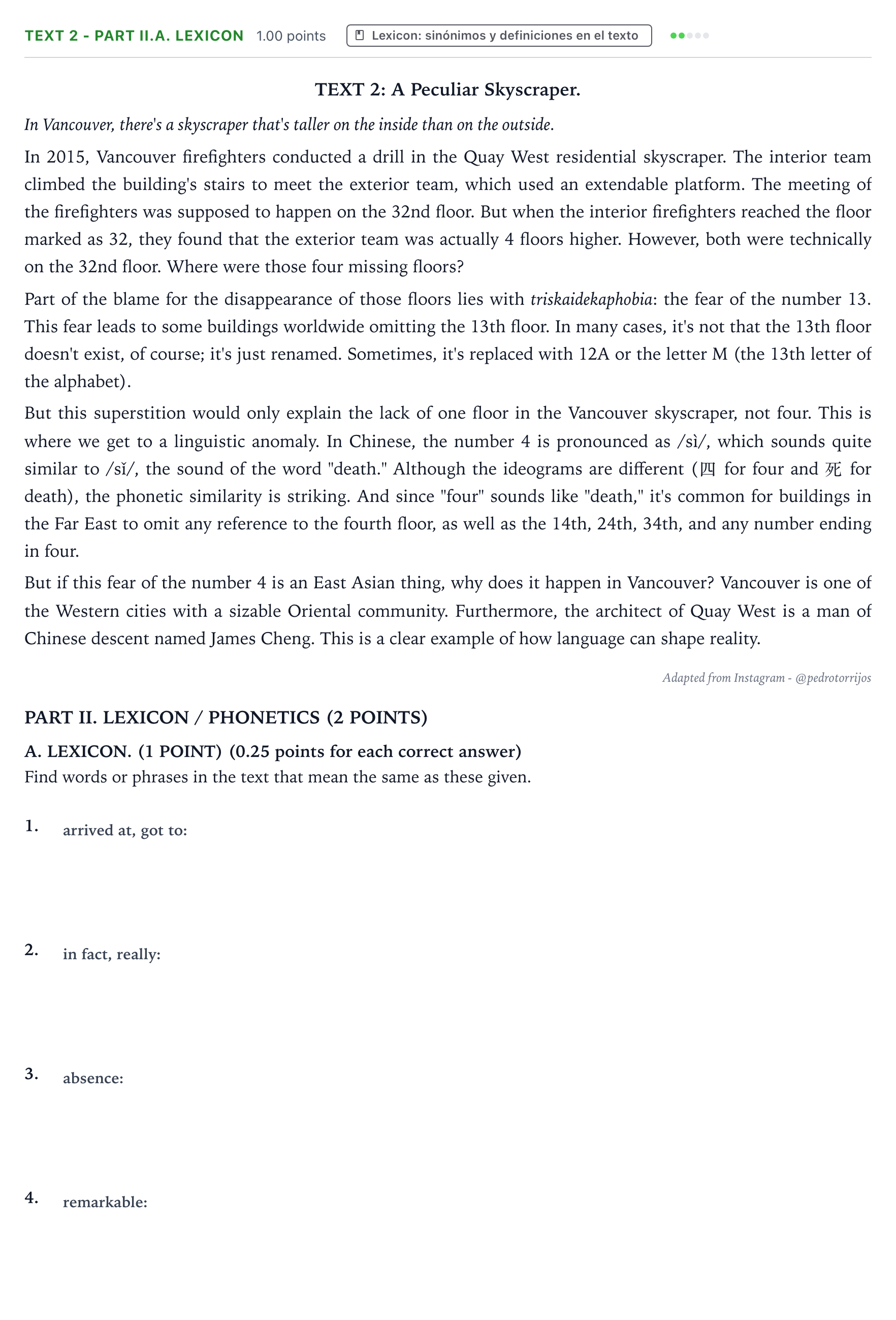 Enunciado: Ejercicio Text 2 - Part II.A. Lexicon · Inglés PAU Castilla-La Mancha Ordinaria 2024