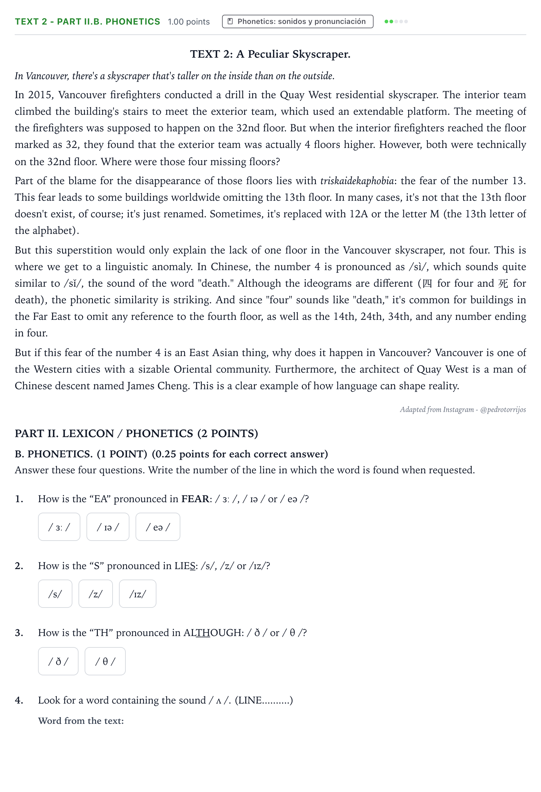 Enunciado: Ejercicio Text 2 - Part II.B. Phonetics · Inglés PAU Castilla-La Mancha Ordinaria 2024
