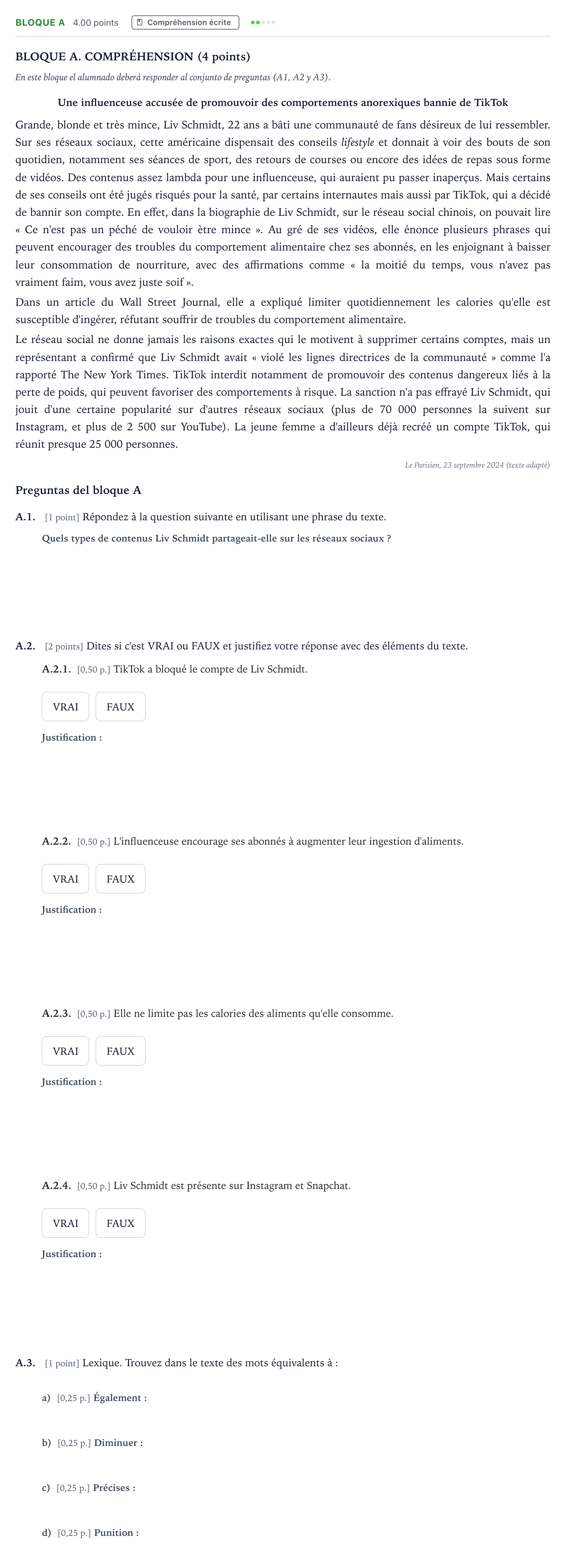 Enunciado: Bloque A · Francés PAU Andalucía Extraordinaria Titular (Acceso) 2025