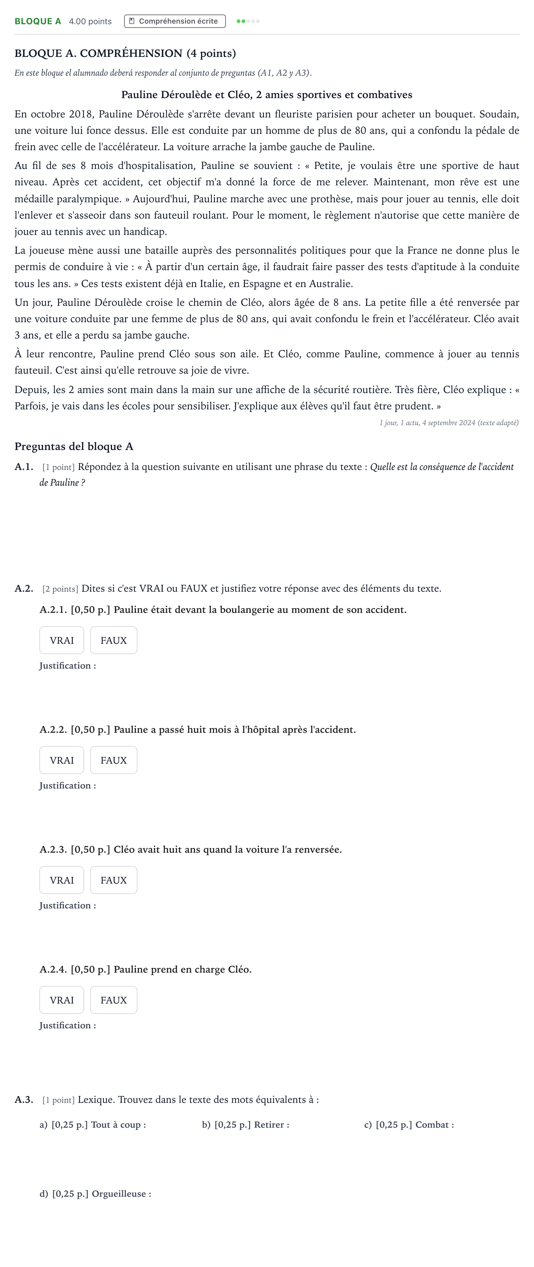 Enunciado: Bloque A · Francés PAU Andalucía Ordinaria Suplente 2 2025