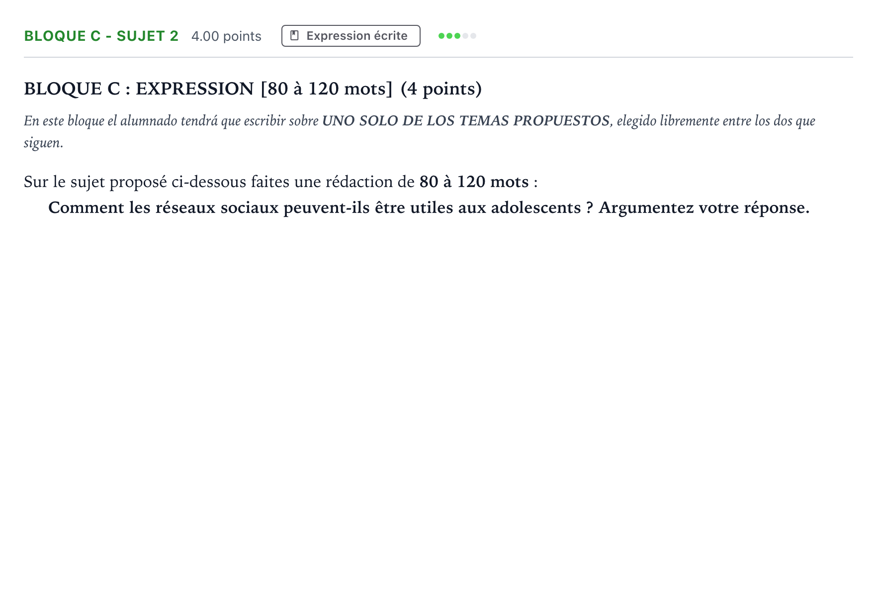 Enunciado: Bloque C - Sujet 2 · Francés PAU Andalucía Ordinaria Titular (Acceso) 2025