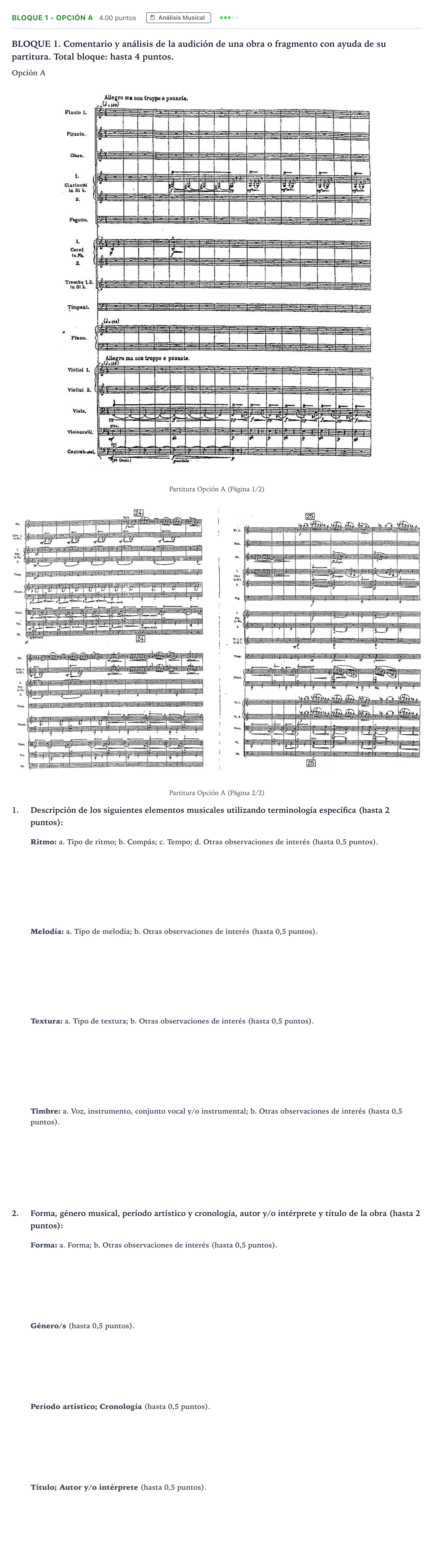 Enunciado: Bloque 1 - Opción A · Historia de la Música y de la Danza PAU Andalucía Extraordinaria Titular 2025