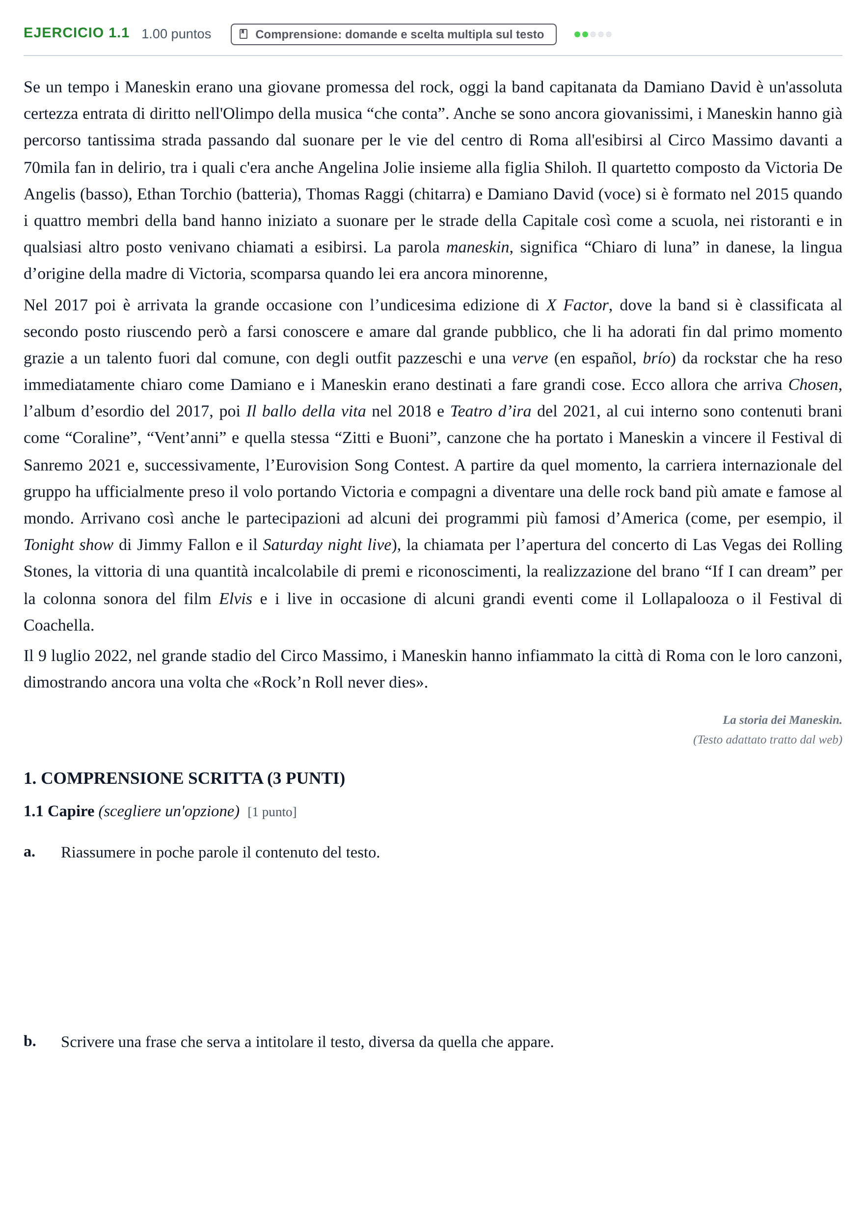 Enunciado: Ejercicio 1.1 · Italiano PAU Castilla-La Mancha Ordinaria 2024