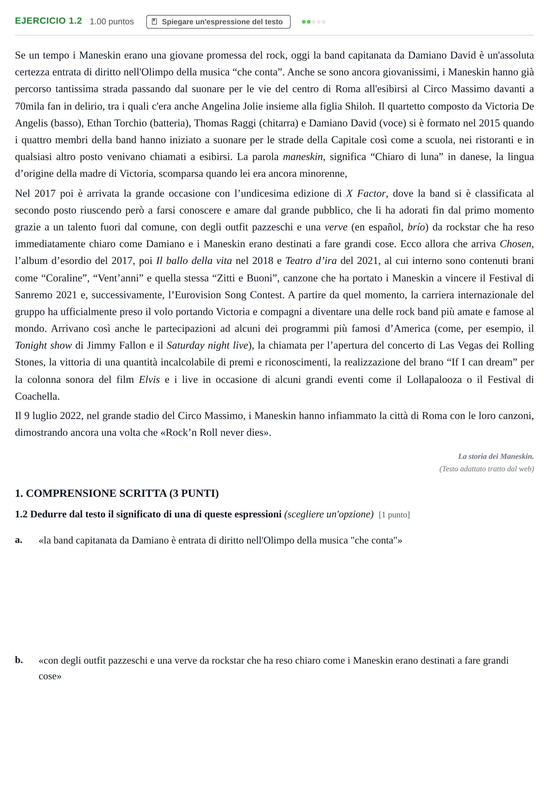 Enunciado: Ejercicio 1.2 · Italiano PAU Castilla-La Mancha Ordinaria 2024