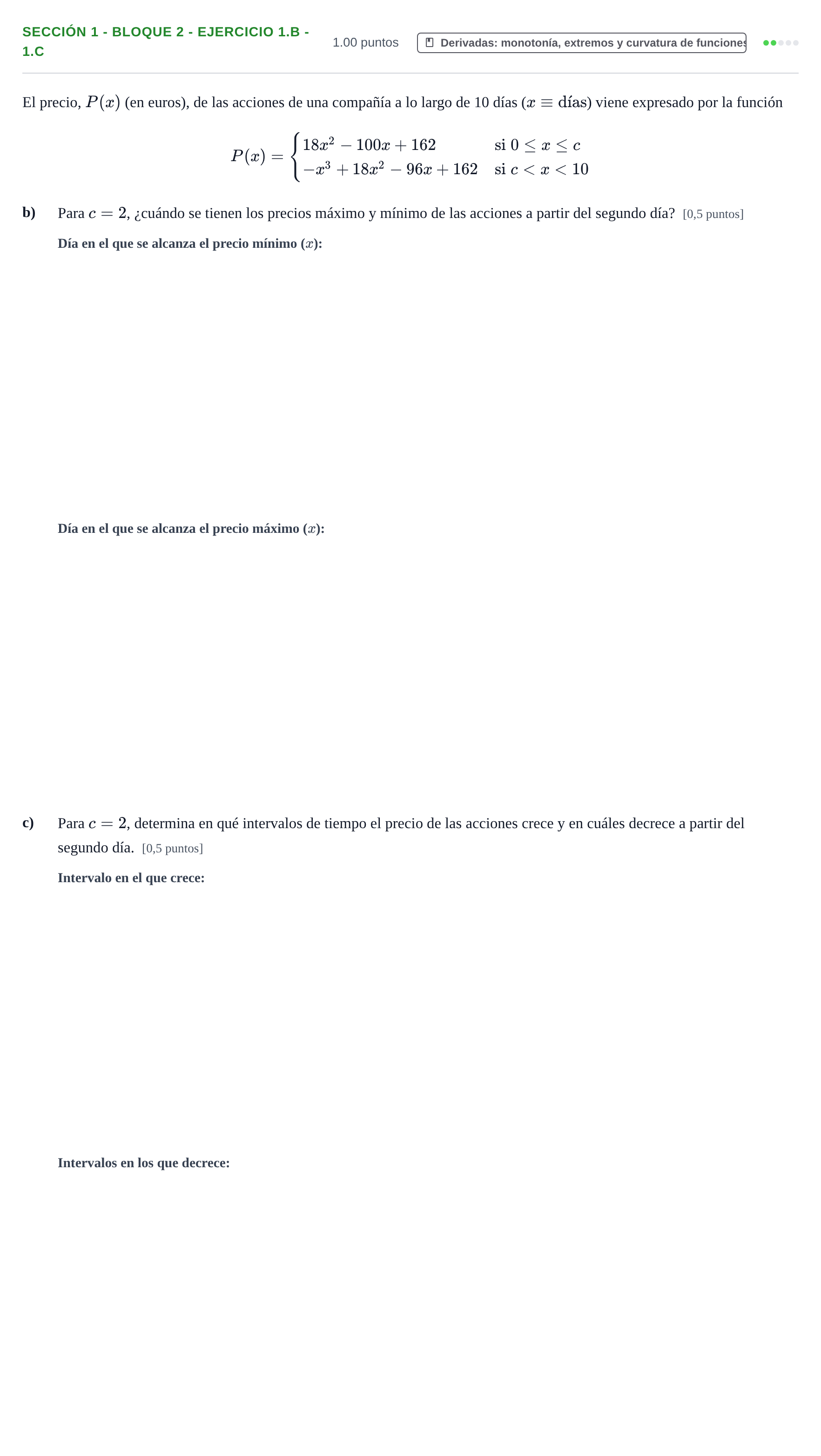 Enunciado: Ejercicio Sección 1 - Bloque 2 - Ejercicio 1.b - 1.c · Matemáticas aplicadas a las Ciencias Sociales II PAU Castilla-La Mancha Extraordinaria 2024