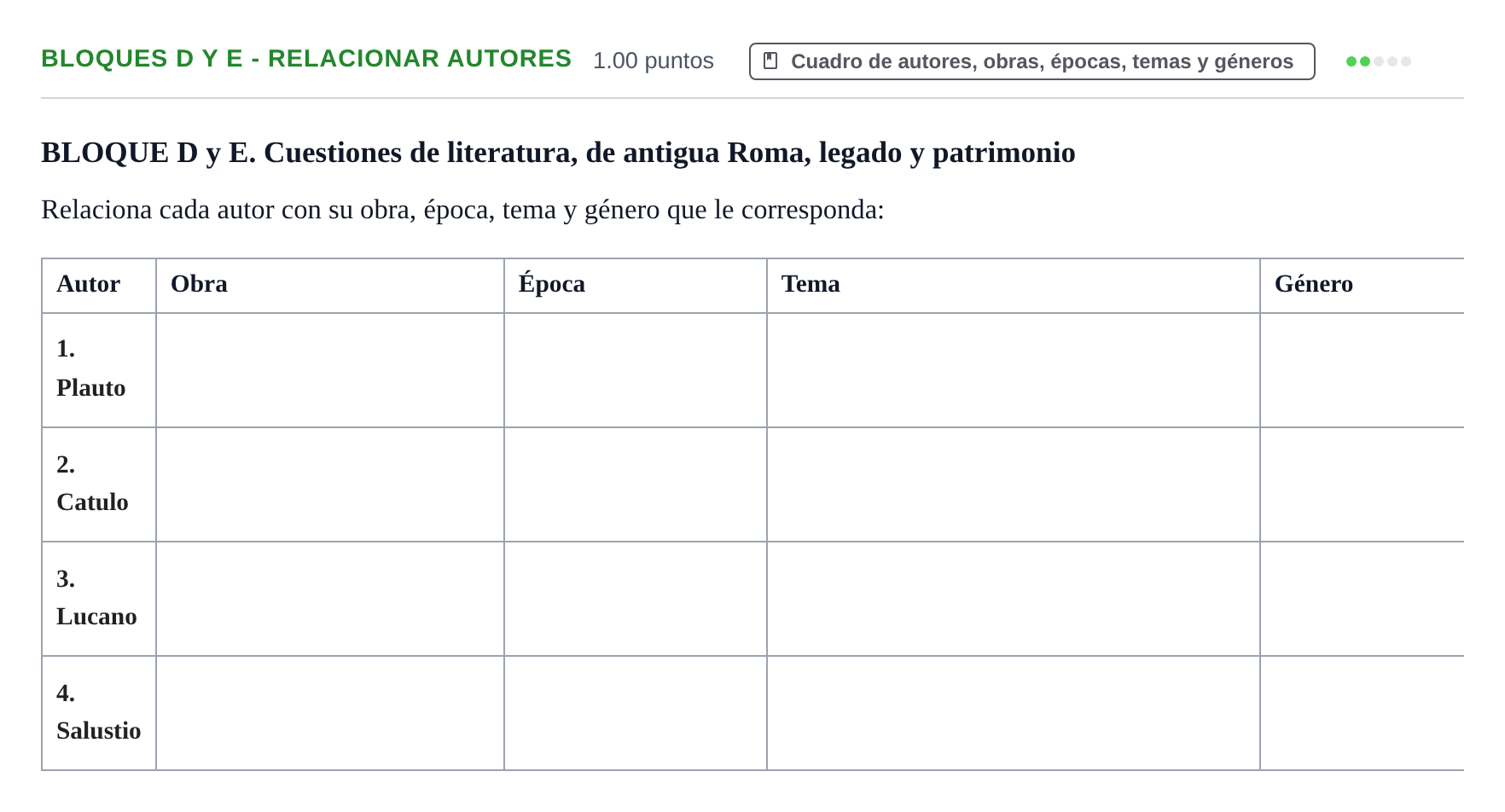 Enunciado: Ejercicio Bloques D y E - Relacionar autores · Latín II PAU Castilla-La Mancha Extraordinaria 2024