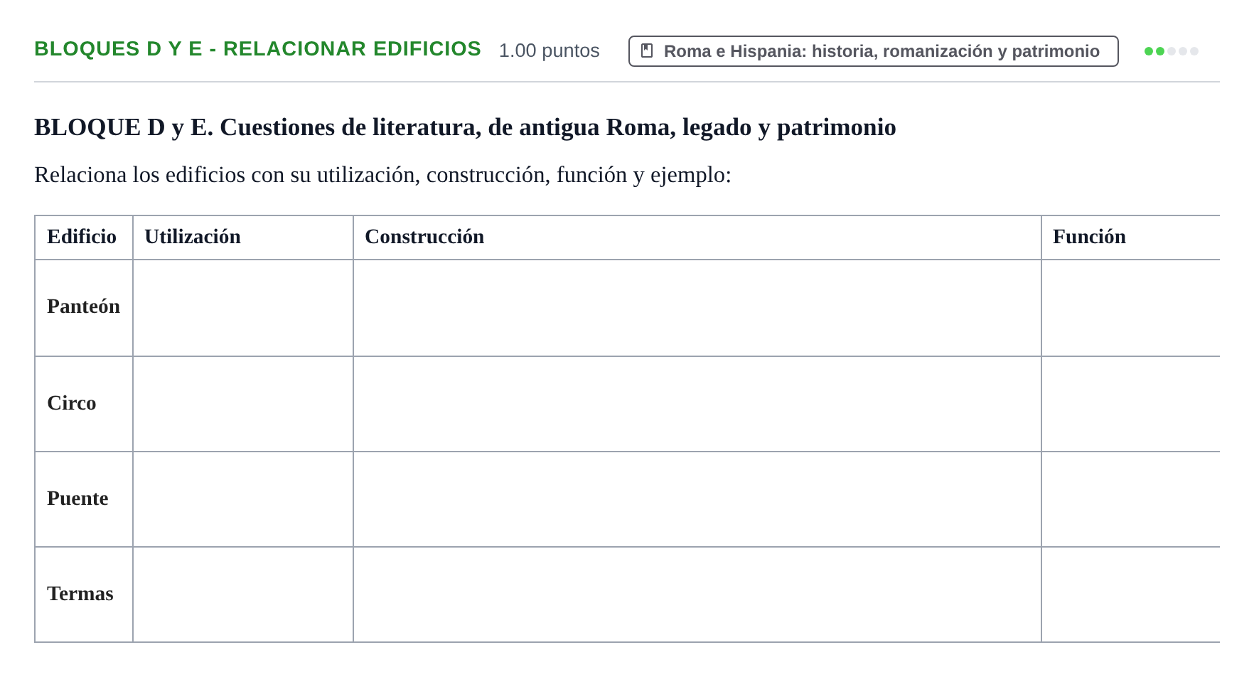 Enunciado: Ejercicio Bloques D y E - Relacionar edificios · Latín II PAU Castilla-La Mancha Extraordinaria 2024
