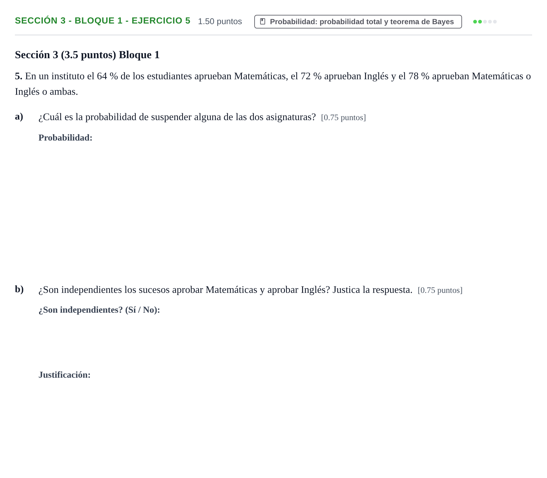 Enunciado: Ejercicio Sección 3 - Bloque 1 - Ejercicio 5 · Matemáticas aplicadas a las Ciencias Sociales II PAU Castilla-La Mancha Ordinaria 2024