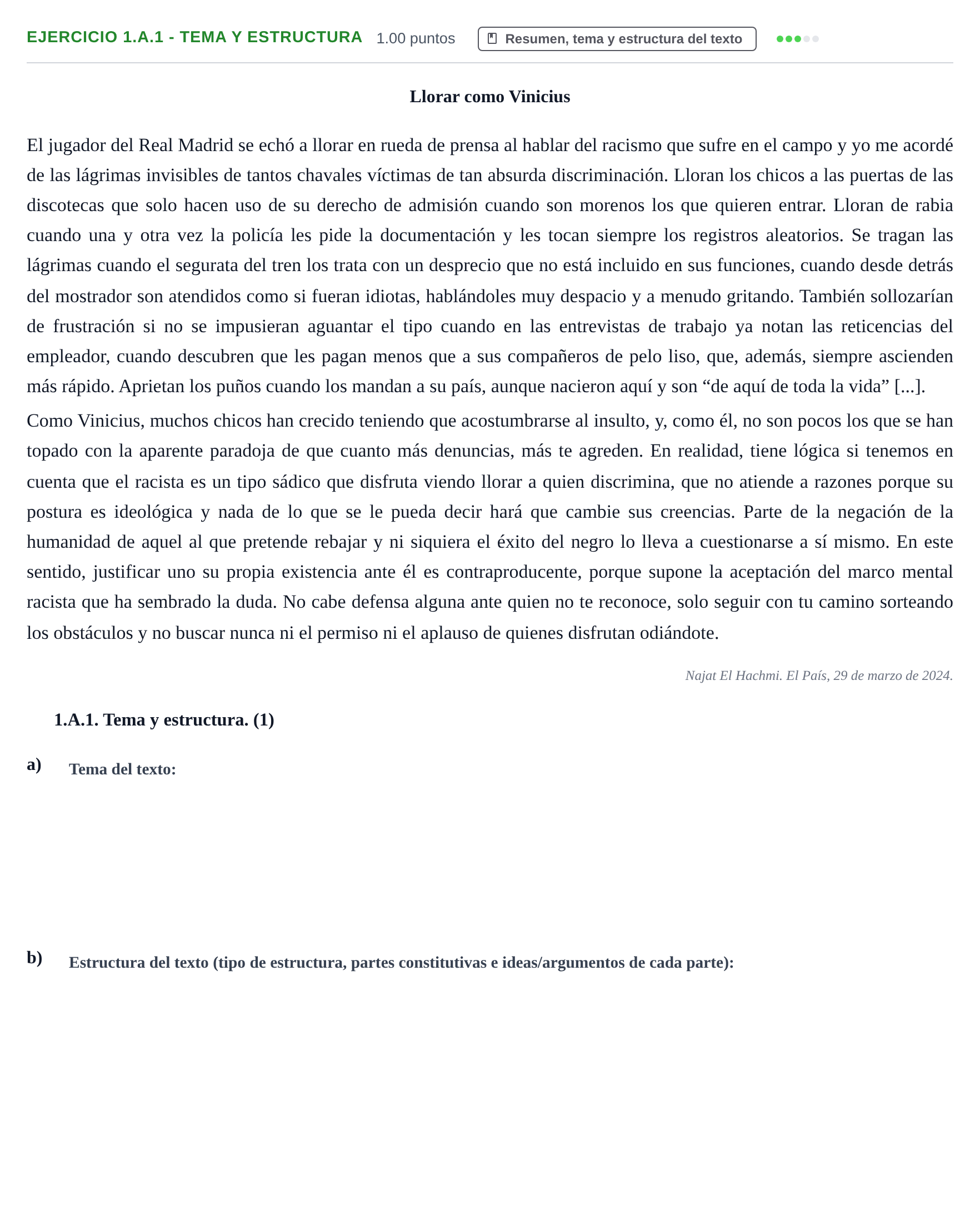 Enunciado: Ejercicio 1.A.1 - Tema y estructura · Lengua Castellana y Literatura II PAU Castilla-La Mancha Ordinaria 2024