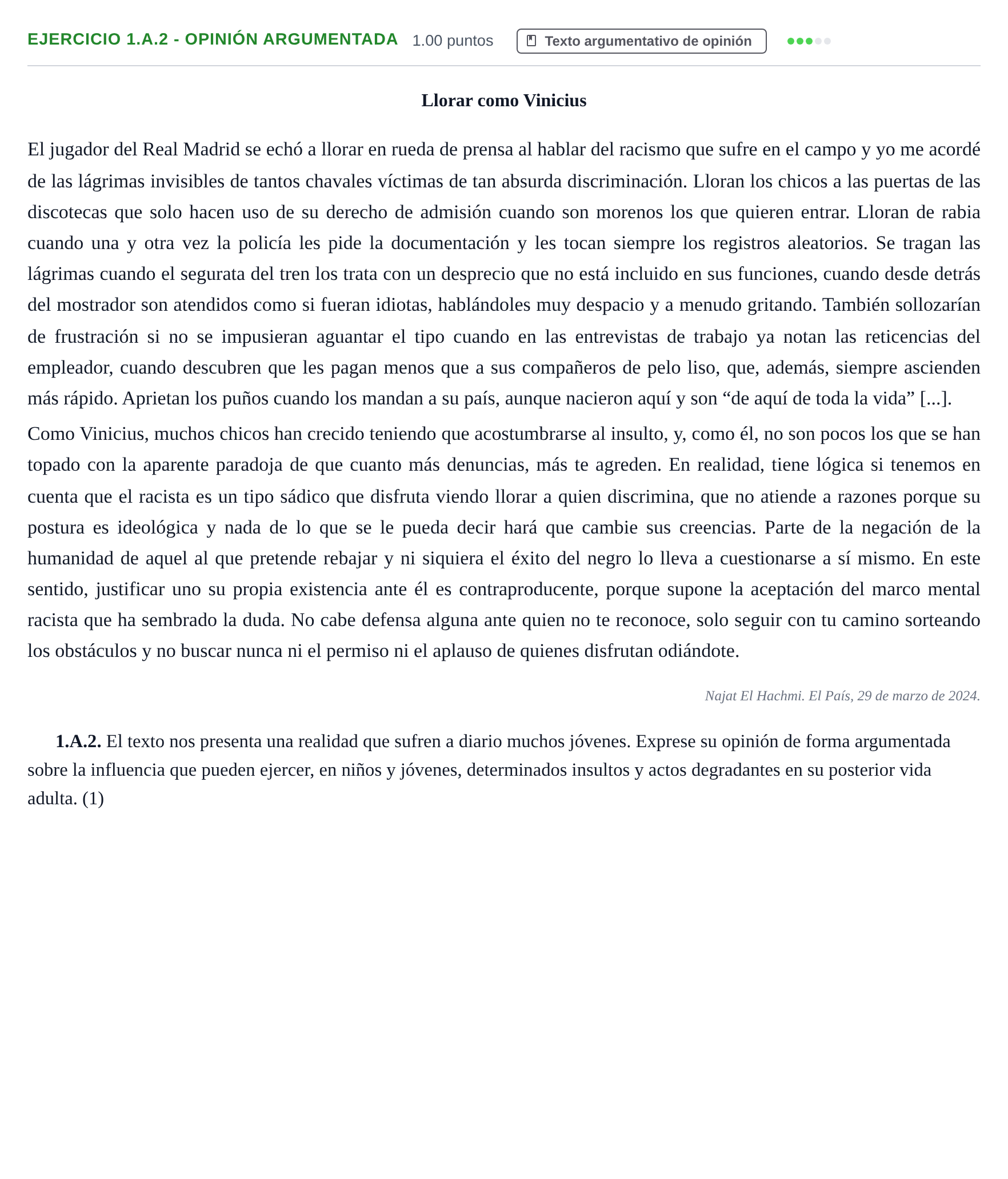 Enunciado: Ejercicio 1.A.2 - Opinión argumentada · Lengua Castellana y Literatura II PAU Castilla-La Mancha Ordinaria 2024