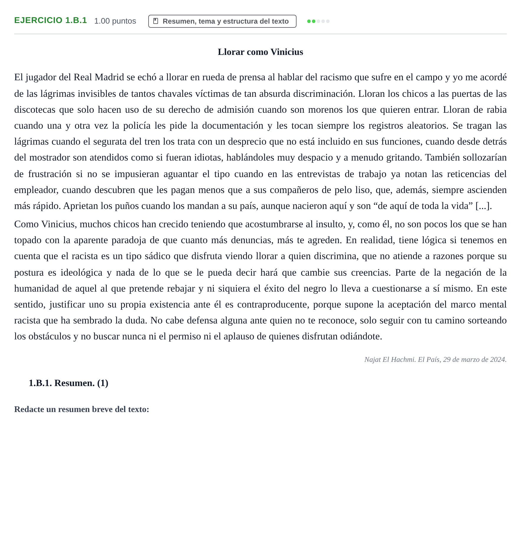 Enunciado: Ejercicio 1.B.1 - Resumen · Lengua Castellana y Literatura II PAU Castilla-La Mancha Ordinaria 2024
