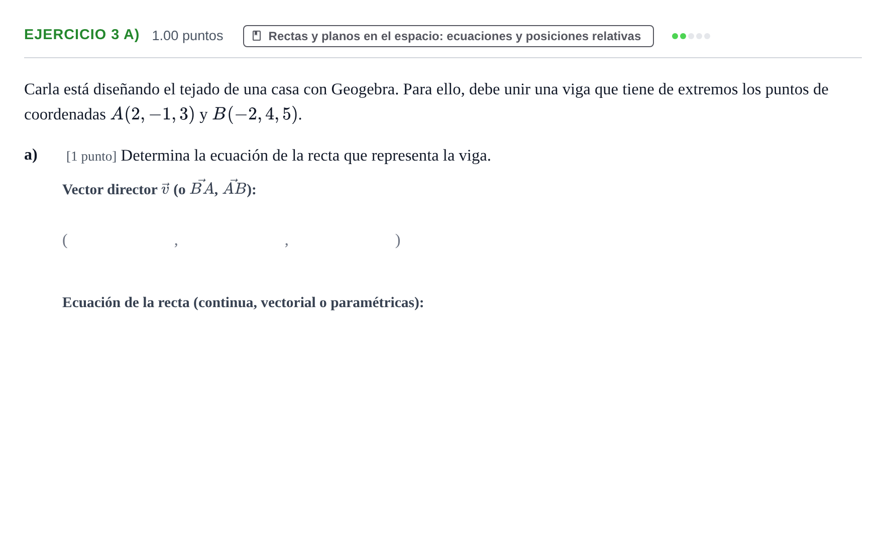 Enunciado: Ejercicio 3 a) - Rectas y planos en el espacio · Matemáticas II PAU Castilla-La Mancha Ordinaria 2024
