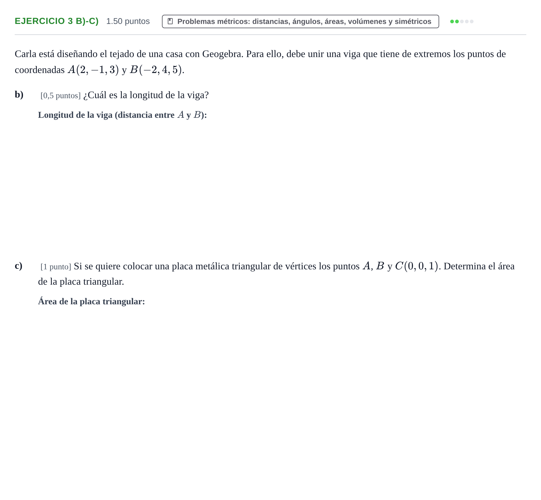 Enunciado: Ejercicio 3 b)-c) - Problemas métricos · Matemáticas II PAU Castilla-La Mancha Ordinaria 2024